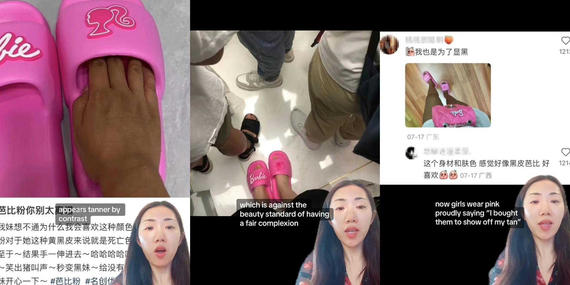 woman greenscreen TikTok over image of barbie shoes with caption "appears tanner by contrast" (l) woman greenscreen TikTok over image of barbie shoes with caption "which is against the beauty standard of having a fair complexion" (c) woman greenscreen TikTok over image of barbie shoes with caption "now girls wear pink proudly saying "I bought them to show off my tan" (r)