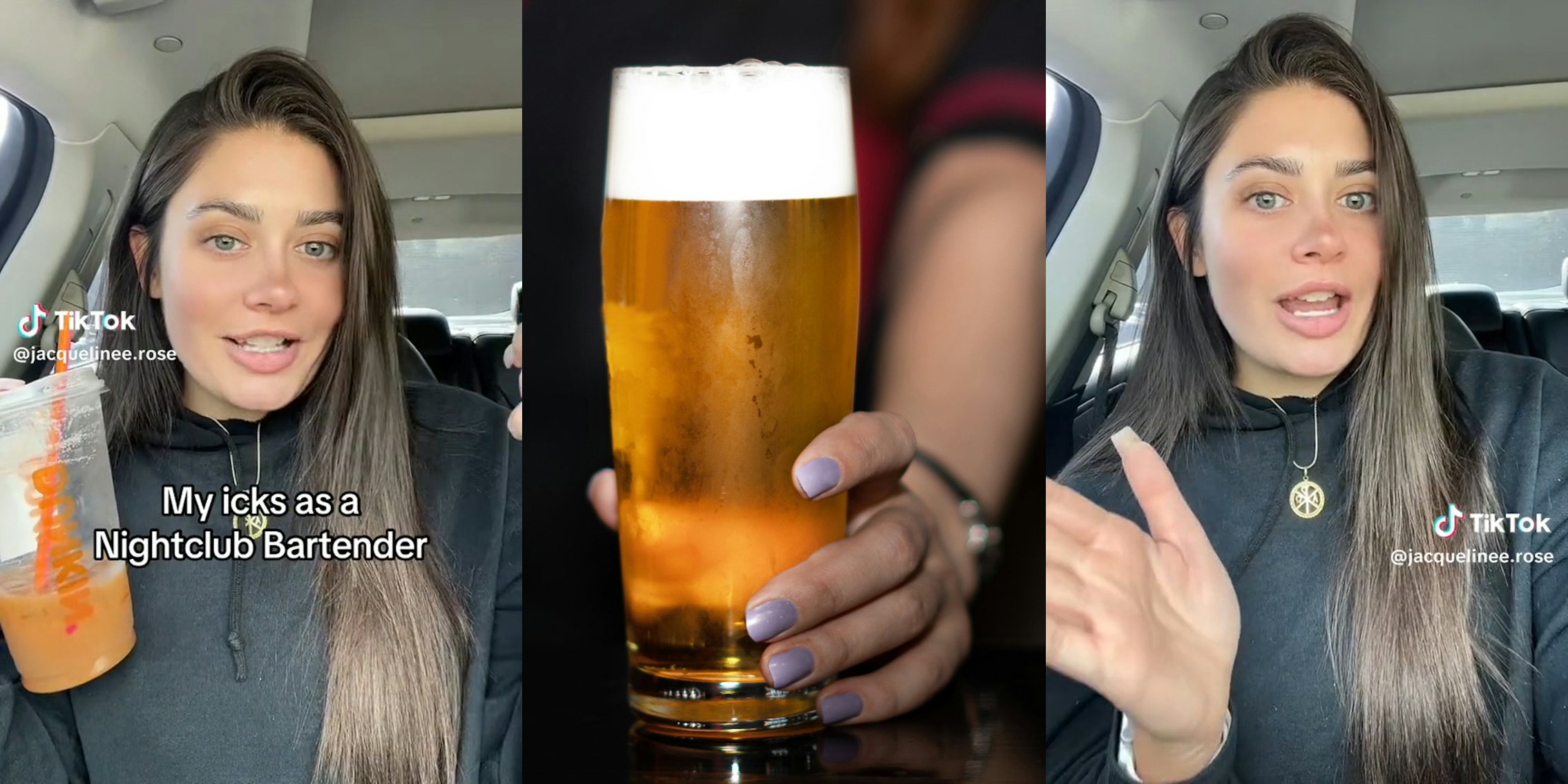 young woman in car with caption 'My icks as a Nightclub Bartender' (l & r) hand holding beer (c)