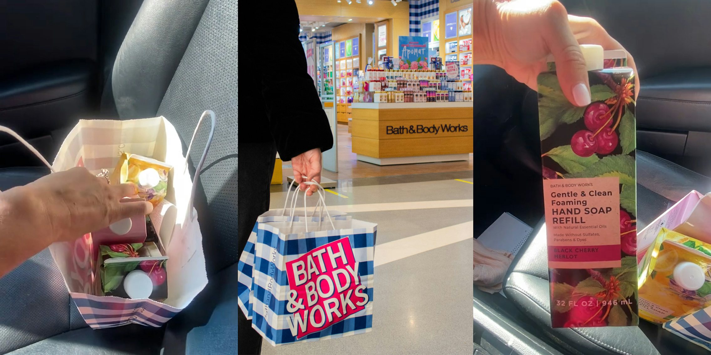 Bath & Body Works bag with hand soap refill containers inside on car seat (l) Bath & Body Works shopper exiting store with bag in hand (c) Bath & Body Works bag hand soap refill container in hand with more on car seat (r)