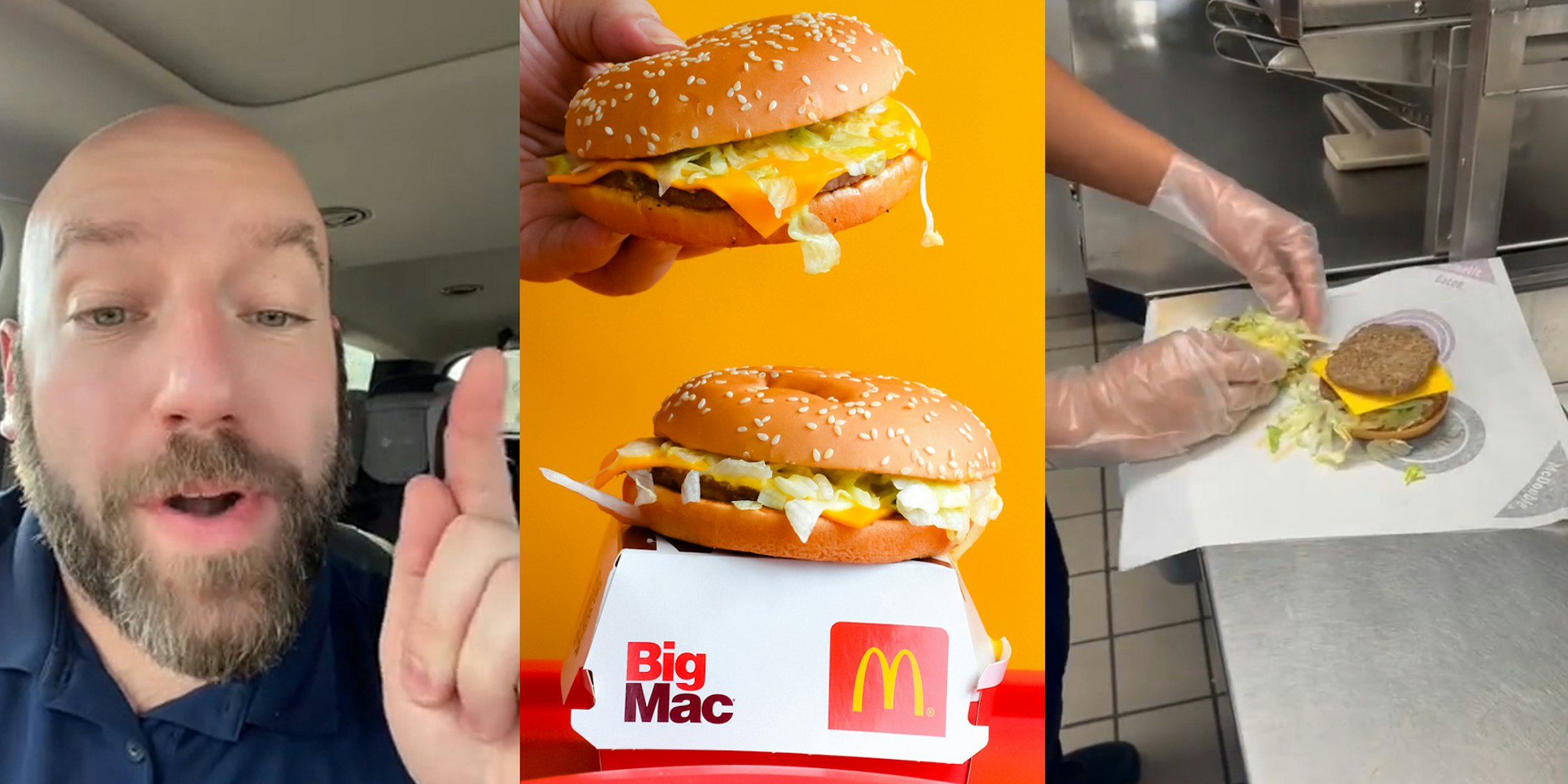 former McDonald's corporate chef speaking (l) hand holding McDouble above Big Mac in front of yellow background (c) McDonald's worker making Big Mac style McDouble (r)