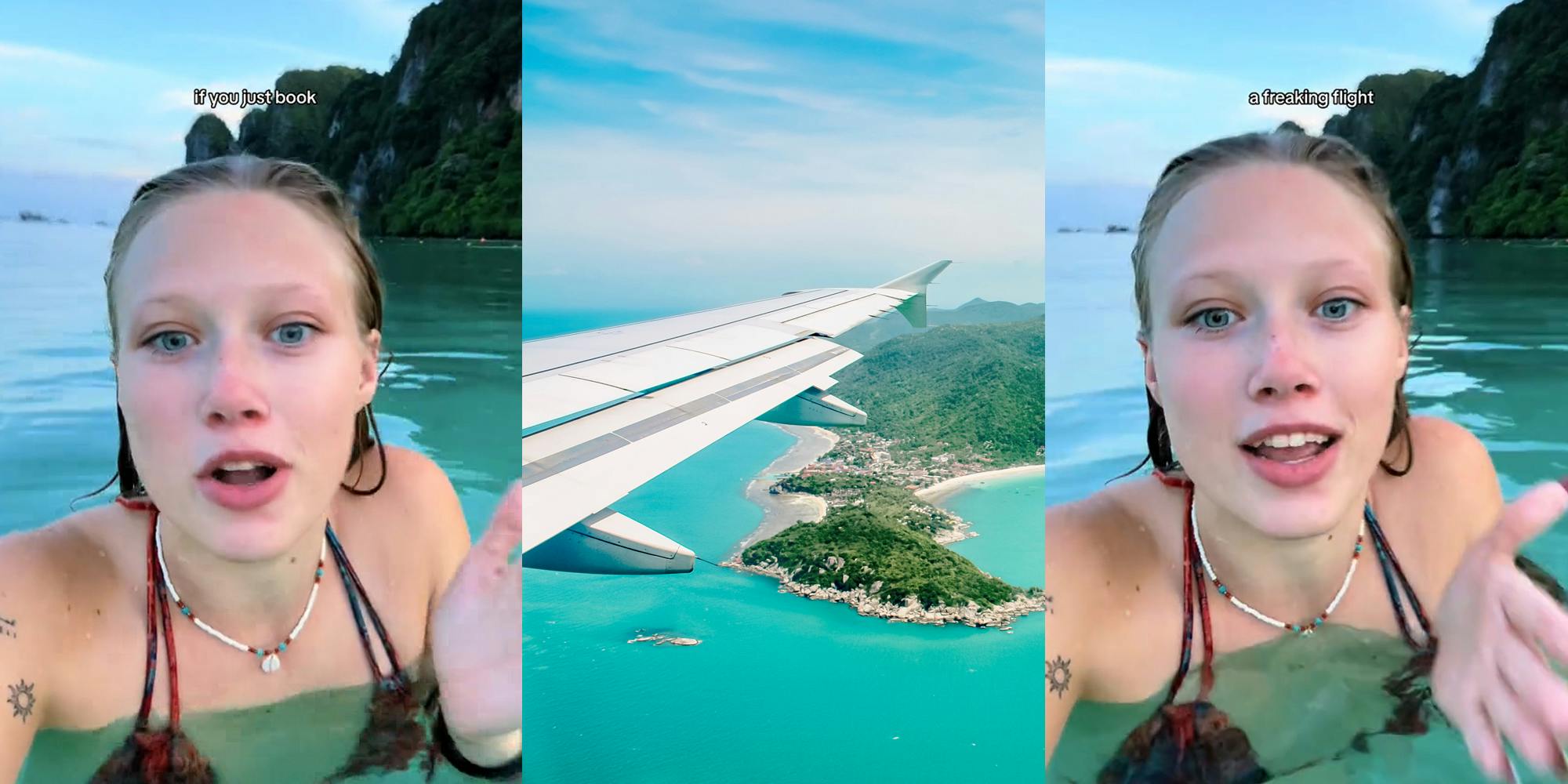 traveler in water in Thailand with caption "if you just book" (l) view over water from plane POV (c) traveler in water in Thailand with caption "a freaking flight" (r)