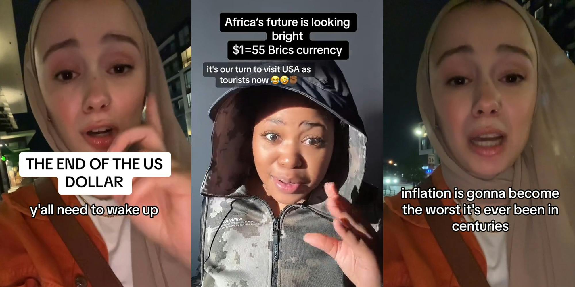 man speaking with caption "THE END OS THE US DOLLAR y'all need to wake up" (l) woman speaking with caption "Africa's future is looking bright $1=55 Brics currency it's our turn to visit USA as tourists now" (c) woman speaking with caption "inflation is gonna become the worst it's ever been in centuries" (r)