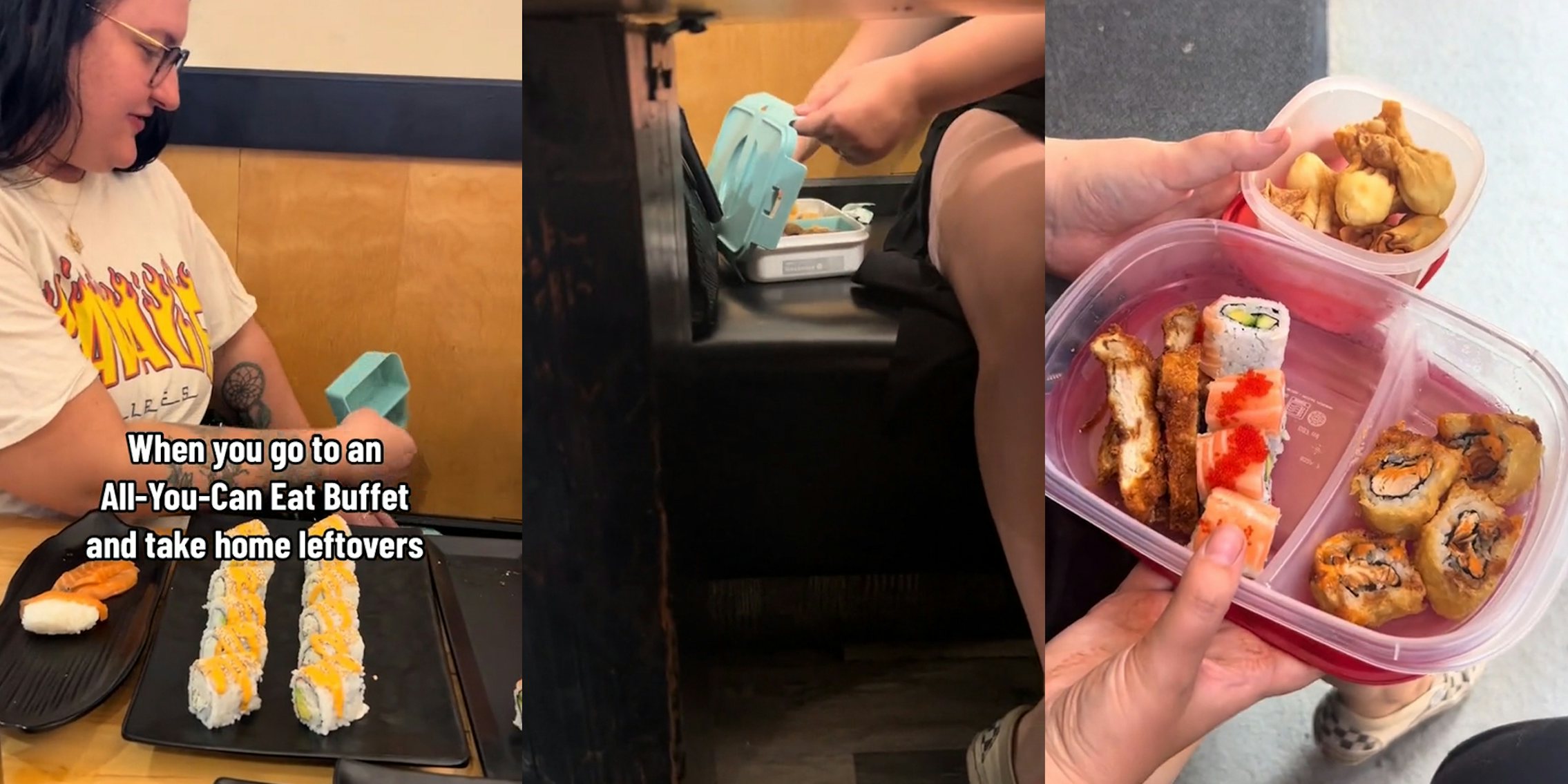 woman at booth in buffet with caption 'When you go to an All-You-Can-Eat Buffet and take home leftovers' (l) woman placing food inside Tupperware container on restaurant booth seat (c) woman holding Tupperware containers of buffet food outside (r)