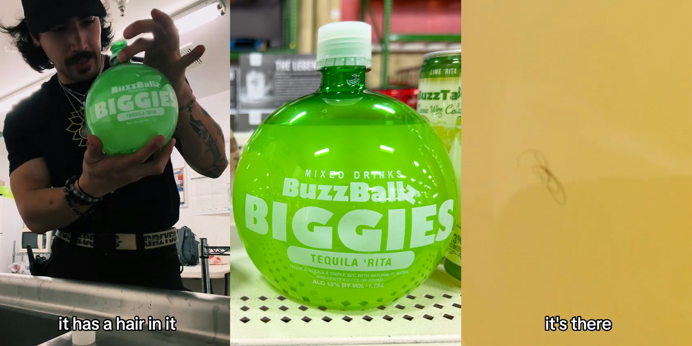 man holding BuzzBall Biggie with caption 'it has a hair in it' (l) BuzzBall Biggie drink on shelf (c) hair in drink with caption 'it's there' (r)