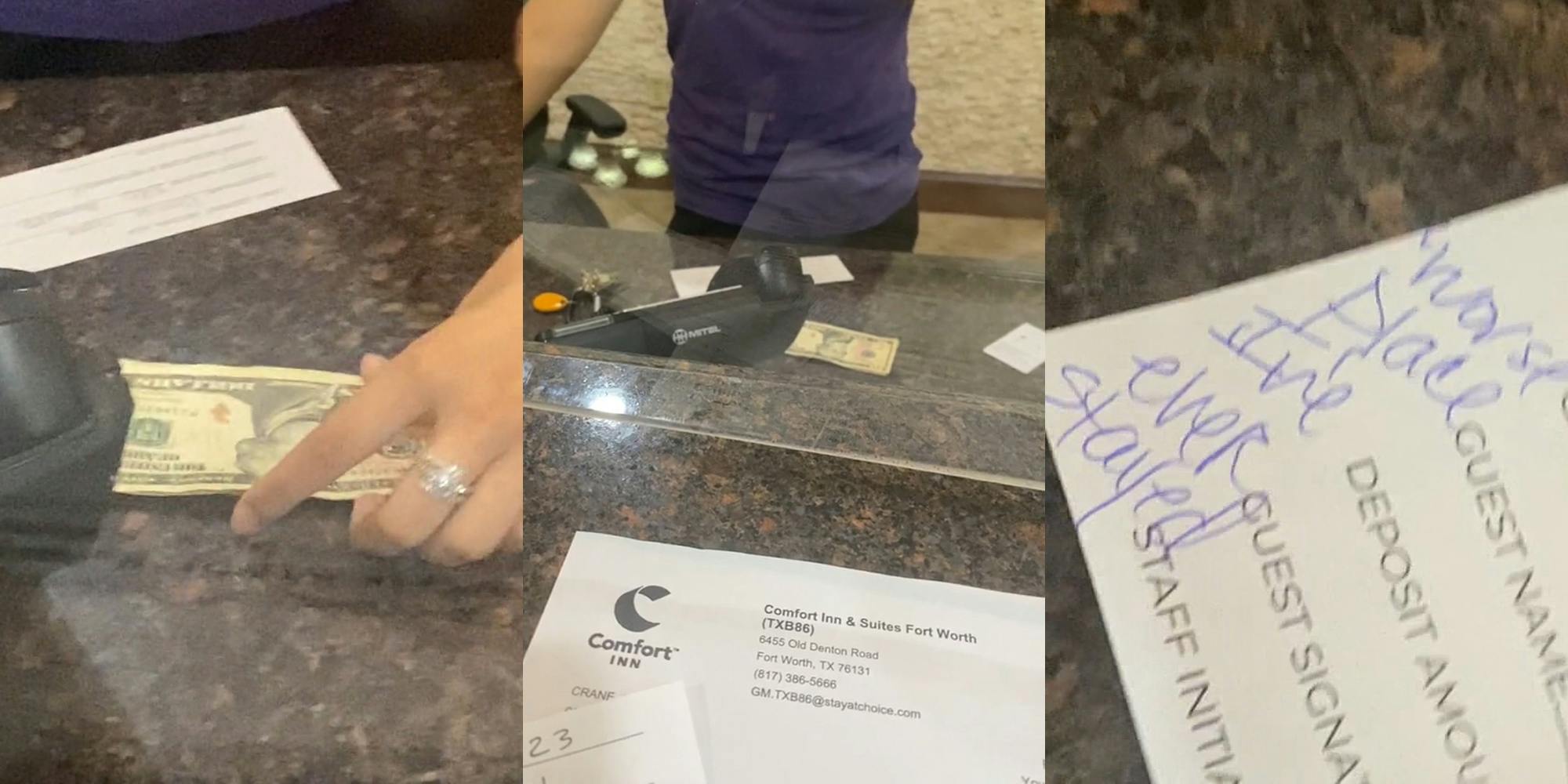 hotel worker behind counter with cash (l) hotel worker behind counter with cash speaking to guest (c) deposit return slip for hotel with written message "worse place I've ever stayed" (r)