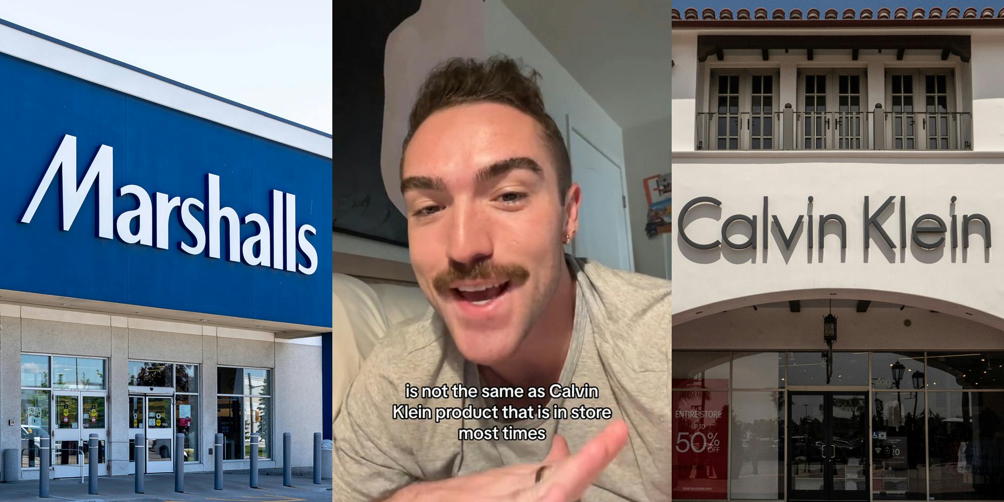 Marshalls store with sign (l) worker speaking with caption "is not the same as Calvin Klein product that is in store most times" (c) Calvin Klein store with sign (r)