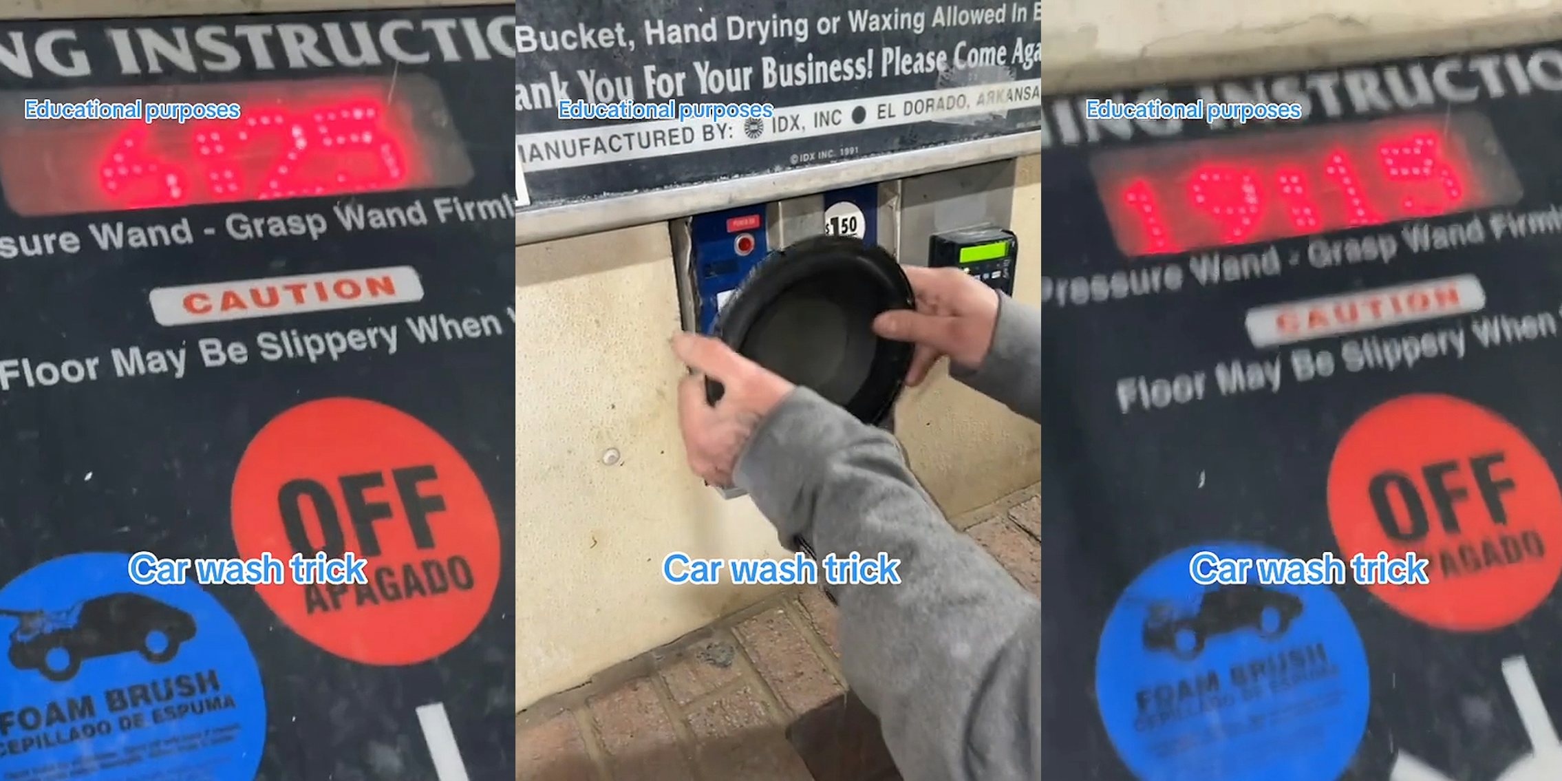 car wash minutes on screen with caption 'Educational purposes Car wash trick' (l) customers holding magnet up to car wash minutes on screen with caption 'Educational purposes Car wash trick' (c) car wash minutes on screen with caption 'Educational purposes Car wash trick' (r)