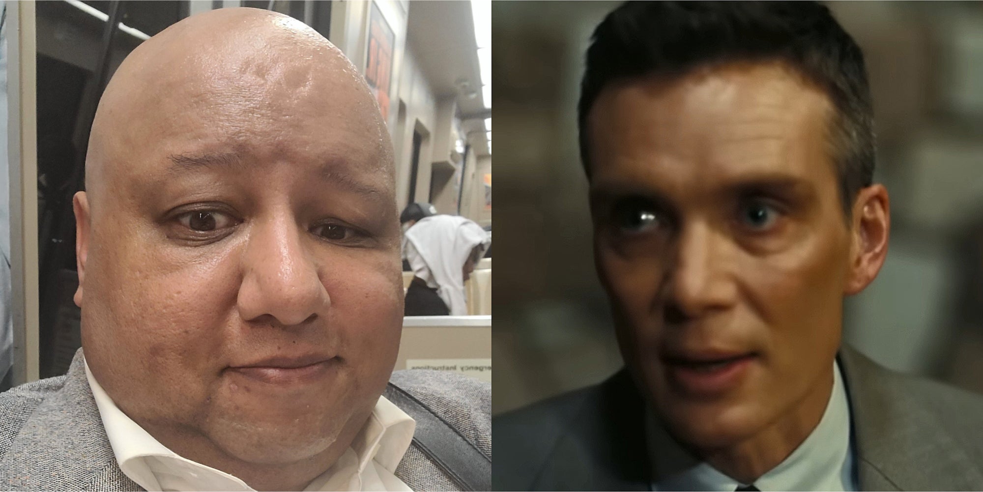 George Chidi in train (l) Cillian Murphy as J. Robert Oppenheimer in Oppenheimer