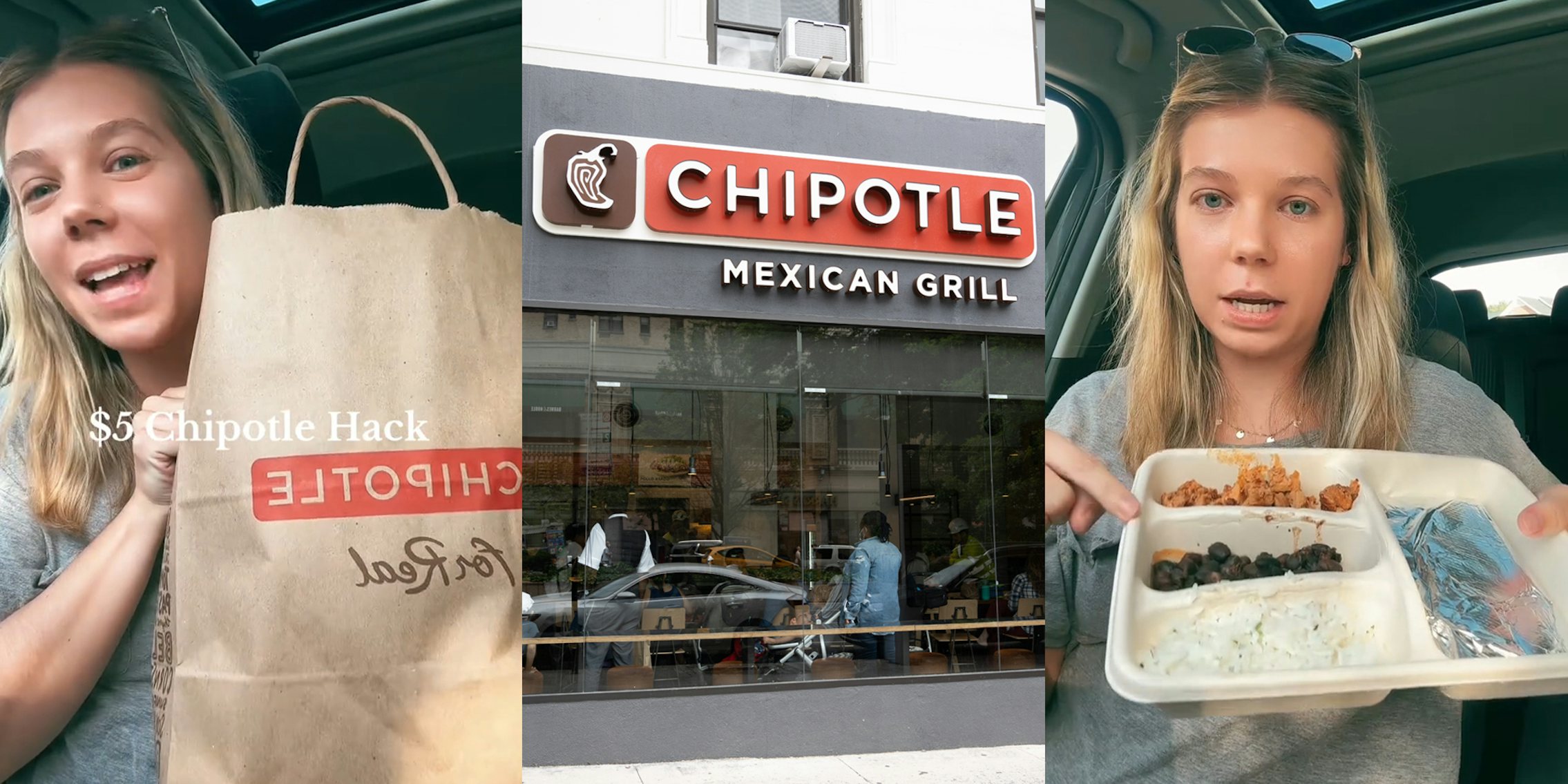 Chipotle customer speaking in car with food in bag with caption '$5 Chipotle Hack' (l) Chipotle building with sign (c) Chipotle customer speaking in car with food (r)