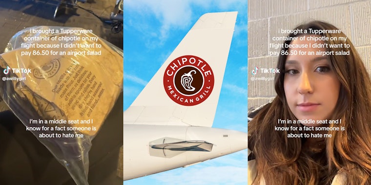 woman getting on plane with bag caption 'I brought a Tupperware container of Chipotle on my flight because I didn't want to pay 86.50 for an airport salad' (l&r) airplane fin with Chipotle logo (c)