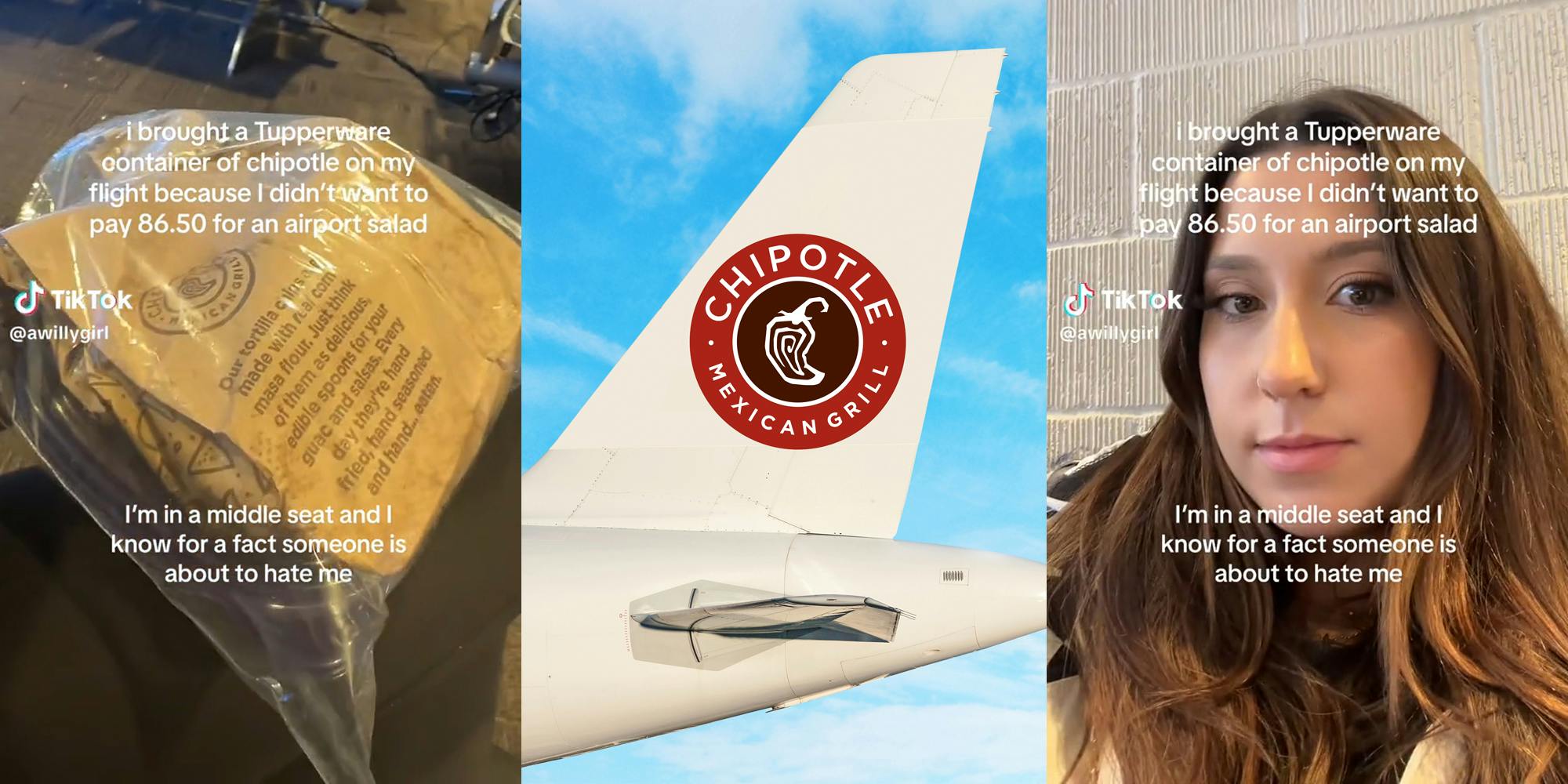 woman getting on plane with bag caption "I brought a Tupperware container of Chipotle on my flight because I didn't want to pay 86.50 for an airport salad" (l&r) airplane fin with Chipotle logo (c)