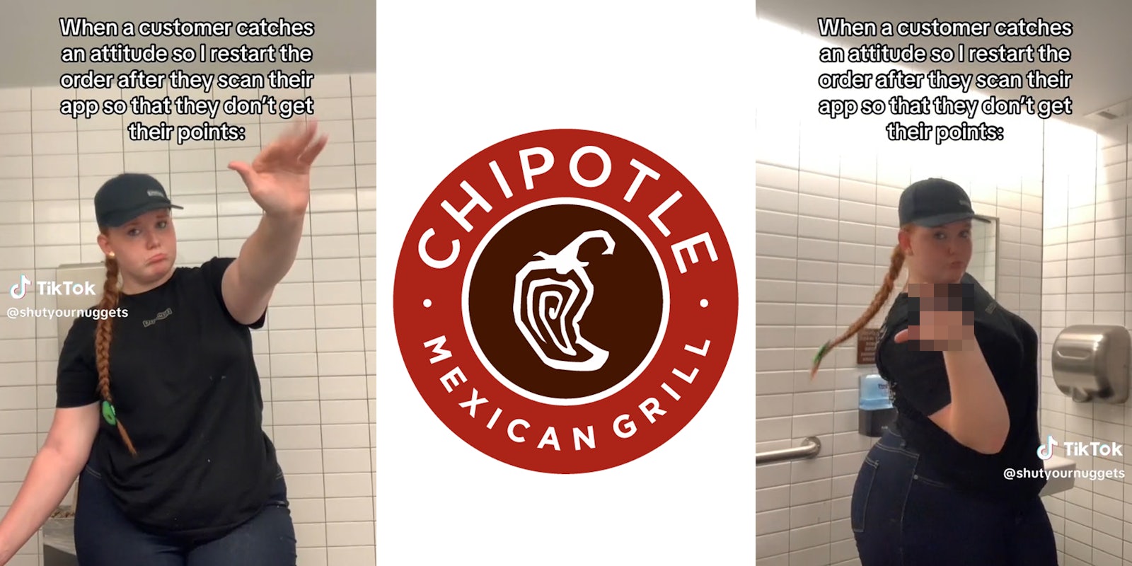 chipotle employee in bathroom with caption 'When a customer catches an attitude so I restart the order after they scan their app so that they don't get their points' (l&r) Chipotle logo (c)