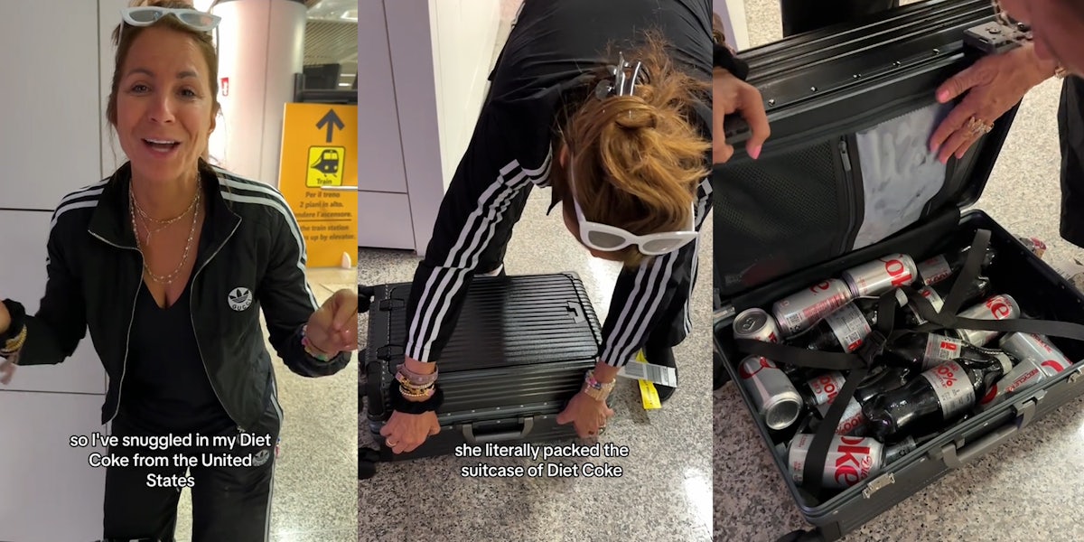 passenger at airport with caption 'so I've snuggled in my Diet Coke from the United States' (l) woman with luggage with caption 'she literally packed the suitcase of Diet Coke' (c) open suitcase revealing Diet Coke bottles and cans inside (r)