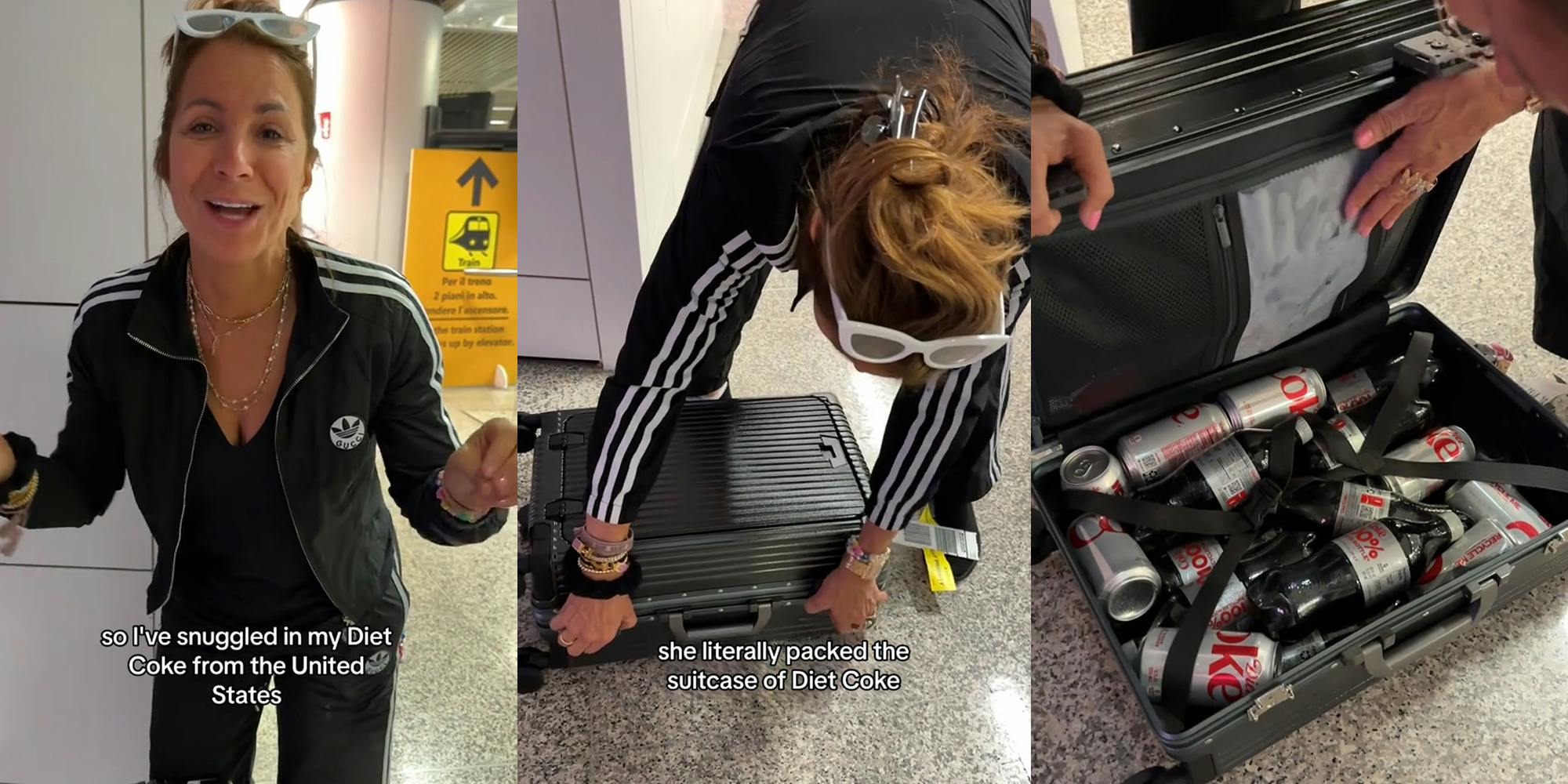 passenger at airport with caption "so I've snuggled in my Diet Coke from the United States" (l) woman with luggage with caption "she literally packed the suitcase of Diet Coke" (c) open suitcase revealing Diet Coke bottles and cans inside (r)