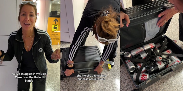 passenger at airport with caption 'so I've snuggled in my Diet Coke from the United States' (l) woman with luggage with caption 'she literally packed the suitcase of Diet Coke' (c) open suitcase revealing Diet Coke bottles and cans inside (r)