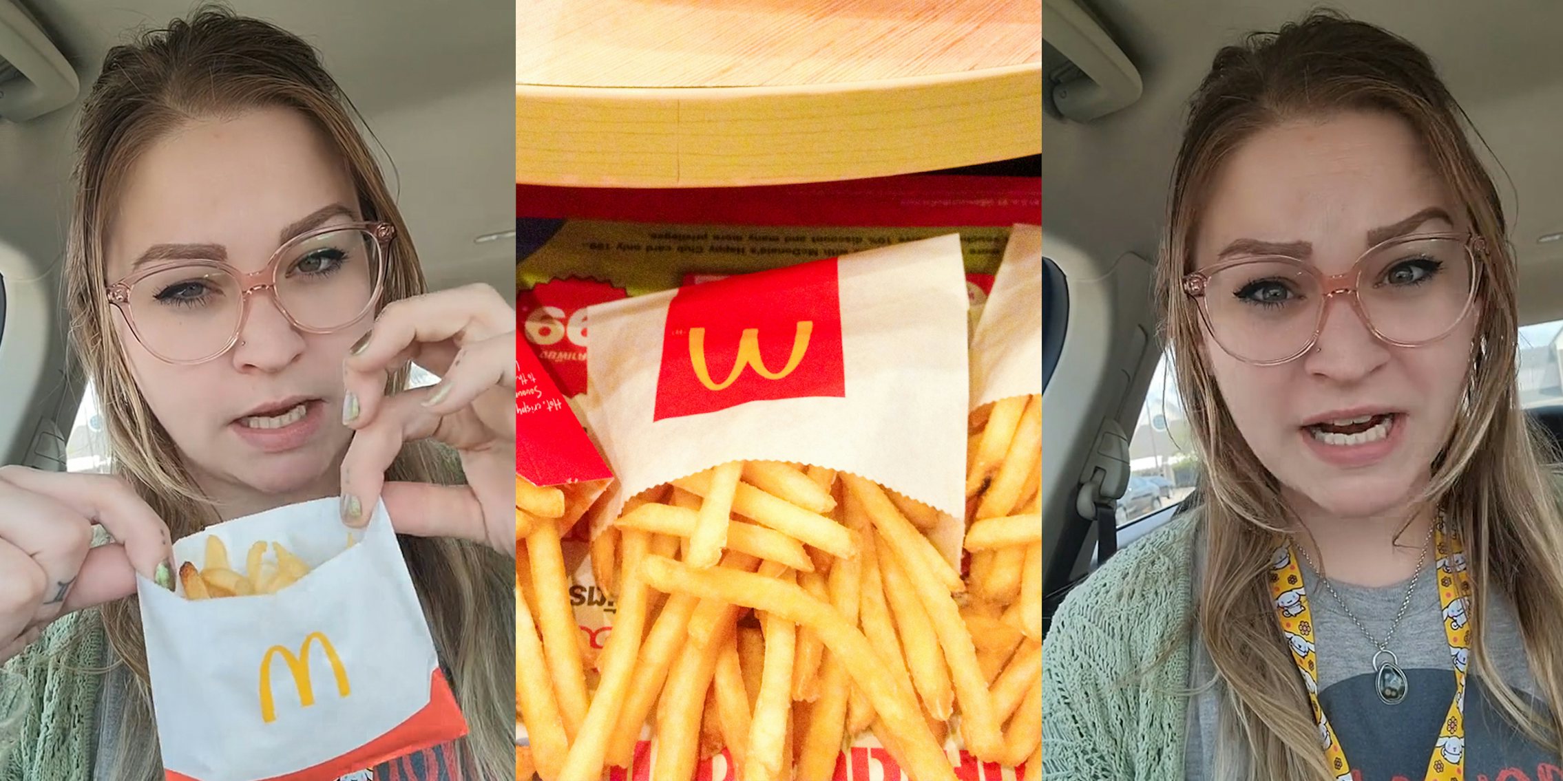 McDonald's customer speaking in car holding small fries (l) McDonald's fries in pile (c) McDonald's customer speaking in car (r)