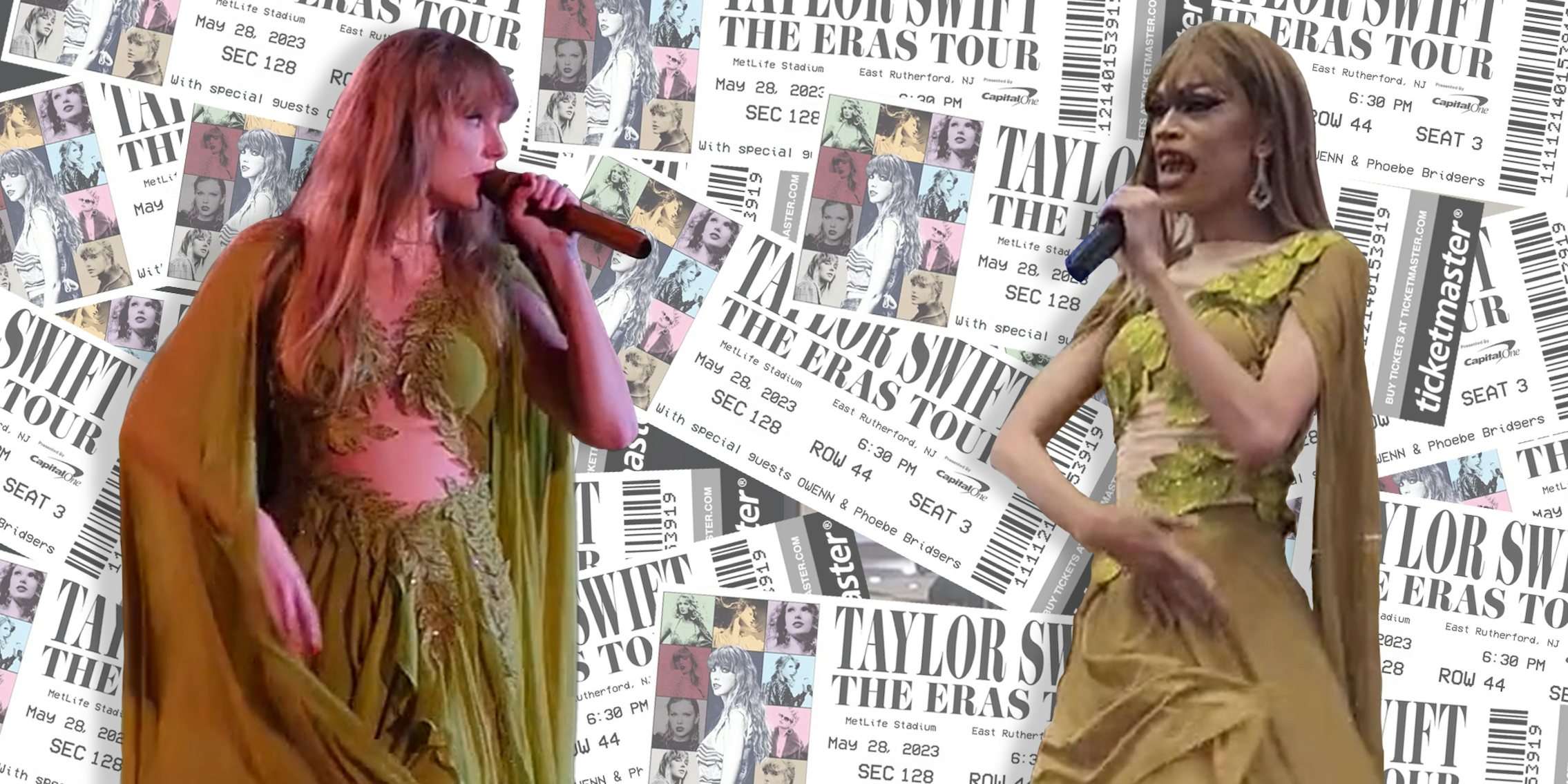Taylor Swift and impersonator over The Eras Tour ticket background