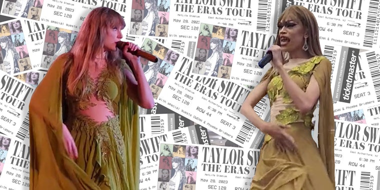 Taylor Swift and impersonator over The Eras Tour ticket background