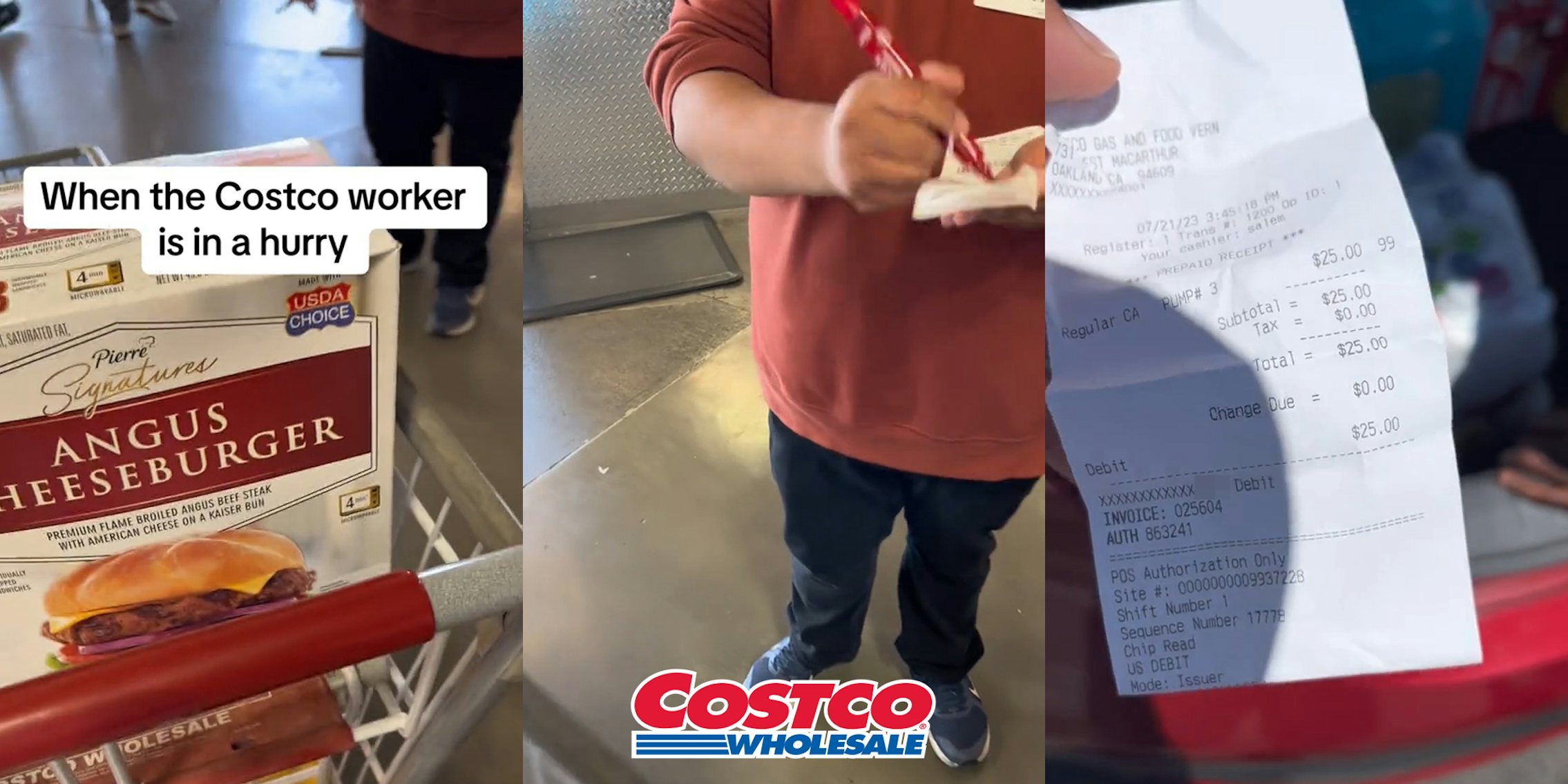 Costco customer with cart with caption 'When the Costco worker is in a hurry' (l) Costco worker checking receipt with pen with Costco logo at the bottom (c) gas station receipt in hand in front of open trunk (r)