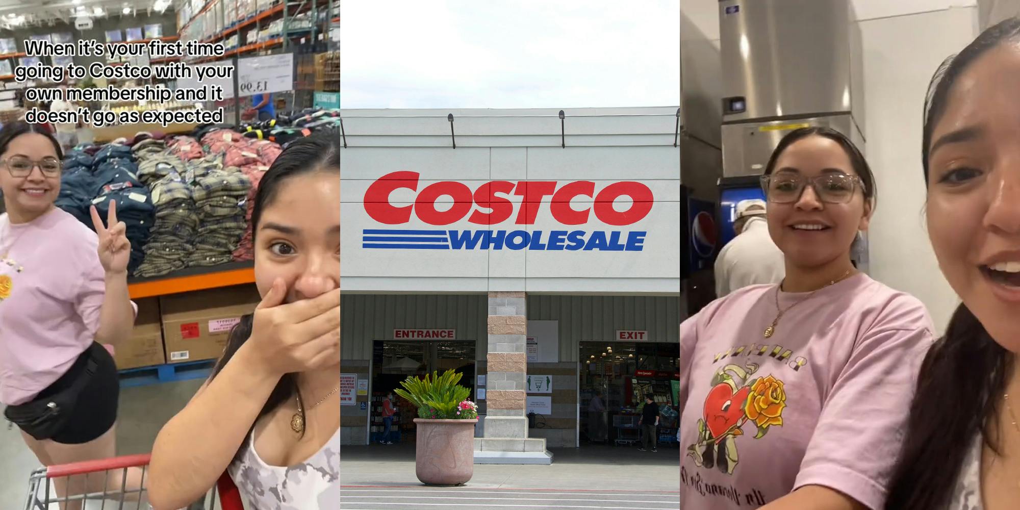 Costco customers with caption "When it's your first time going to Costco with your own membership and it doesn't go as expected" (l) Costco building with sign (c) Costco customers speaking (r)