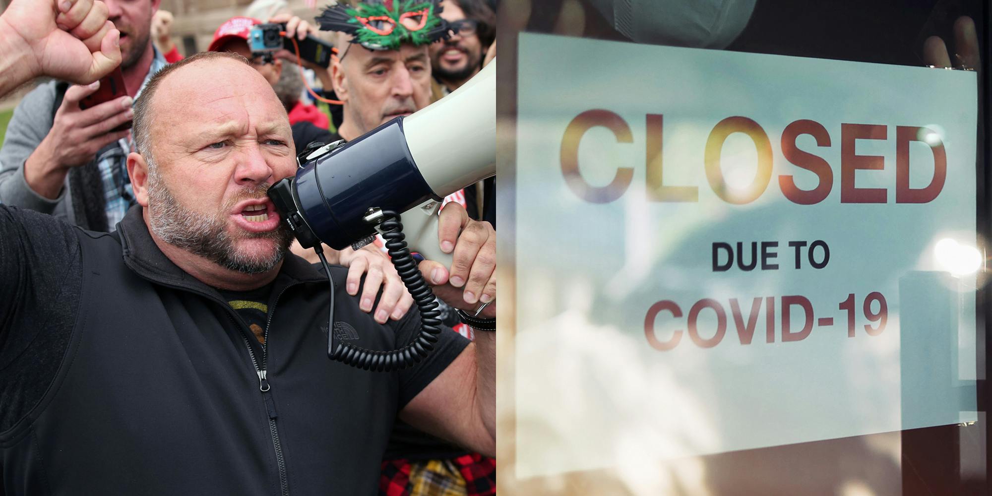 Alex Jones speaking into microphone (l) sign in glass door "CLOSED DUE TO COVID-19" (r) as fears of Lockdown 2.0 grow