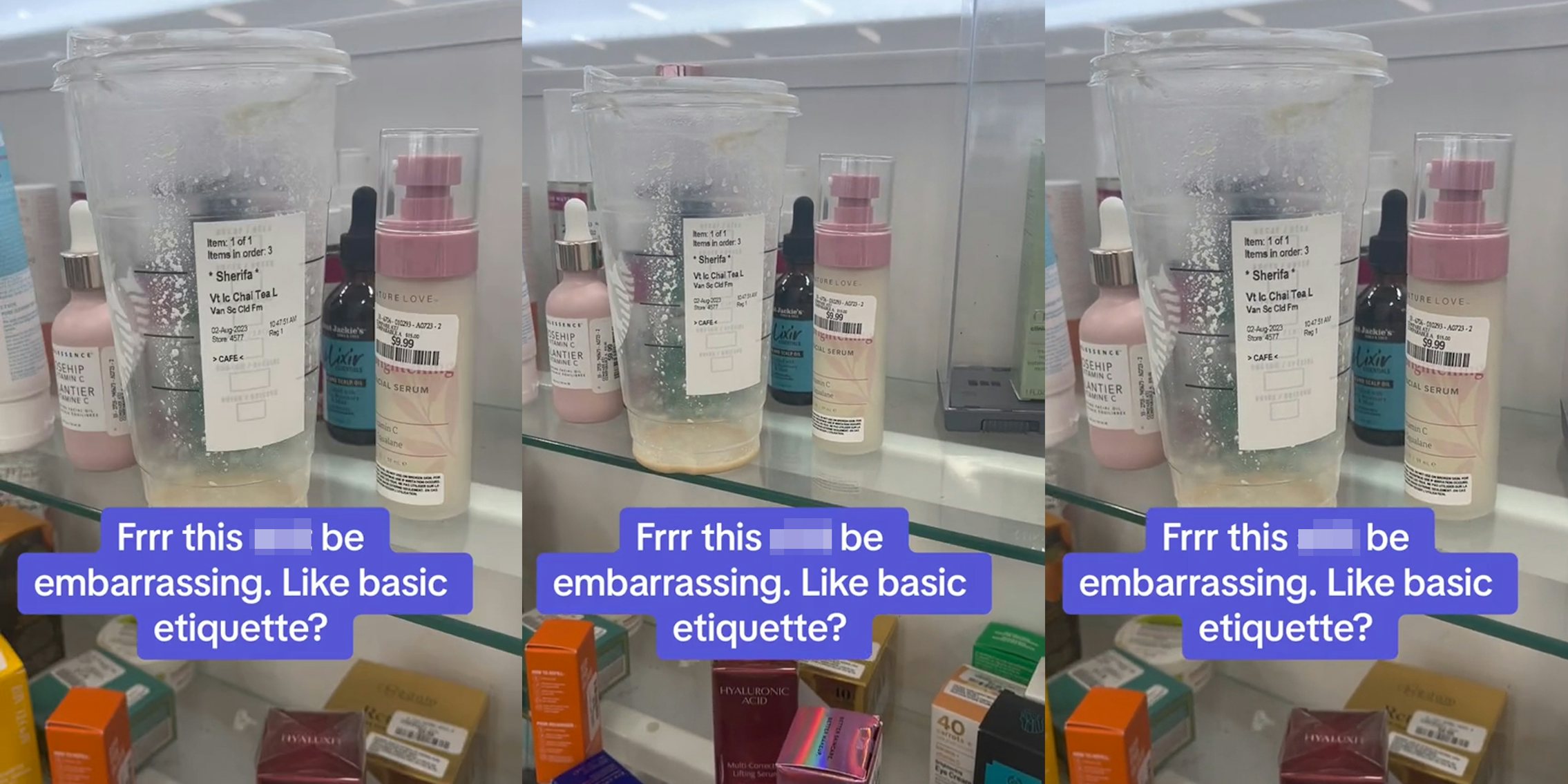 cup in store shelf with caption 'Frrr this blank be embarrassing. Like basic etiquette?' (l) cup in store shelf with caption 'Frrr this blank be embarrassing. Like basic etiquette?' (c) cup in store shelf with caption 'Frrr this blank be embarrassing. Like basic etiquette?' (r)