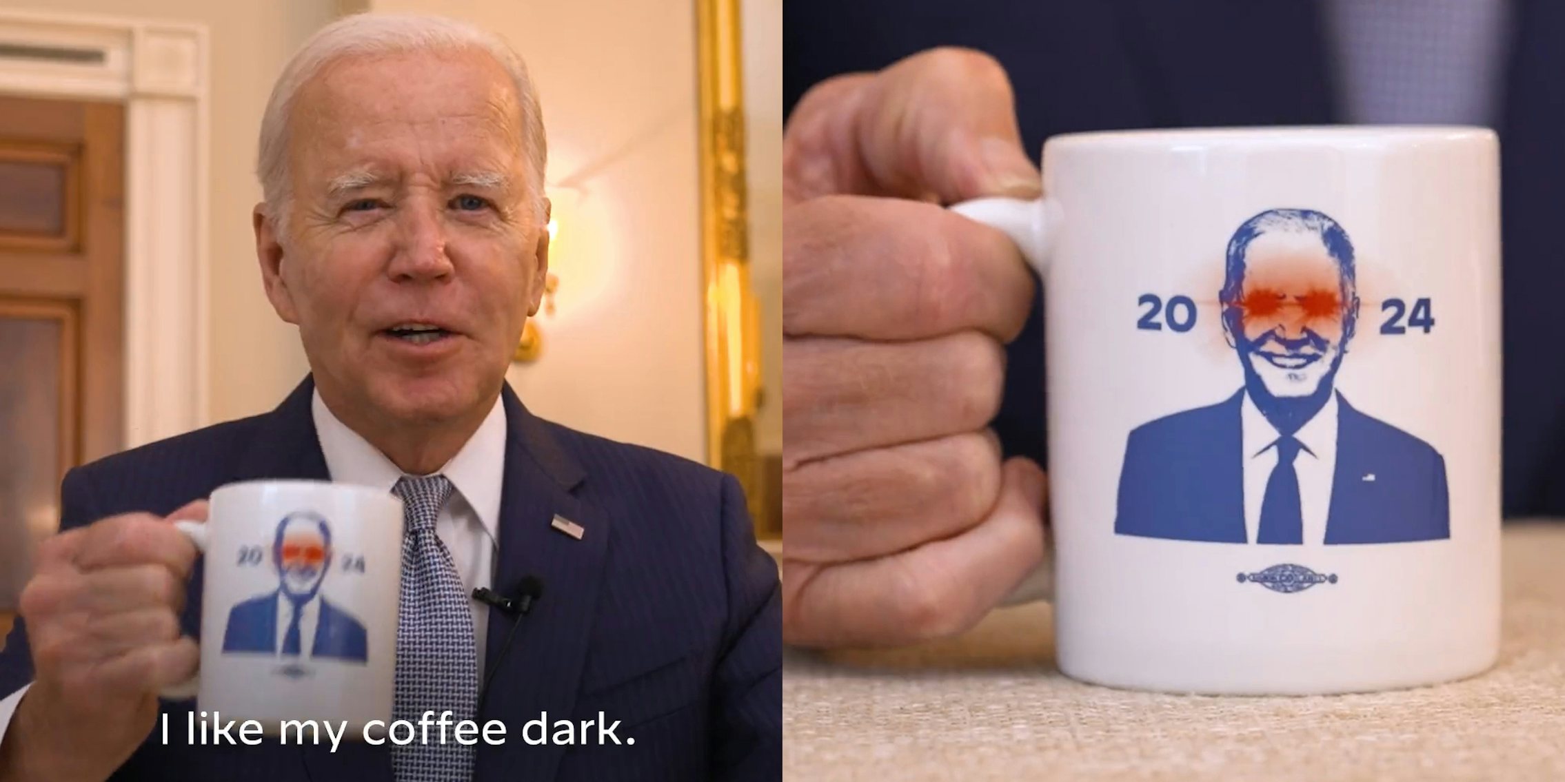 Joe Biden holding mug with caption 'I like my coffee dark.' (l) 'Dark Brandon' mug (r)