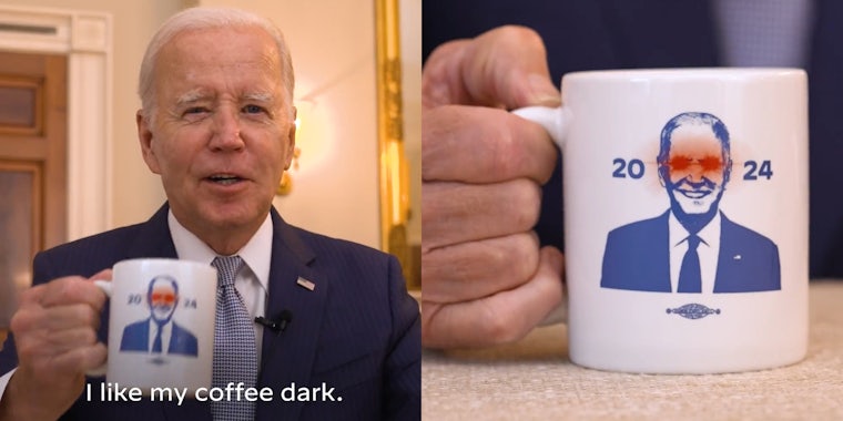 Joe Biden holding mug with caption 'I like my coffee dark.' (l) 'Dark Brandon' mug (r)