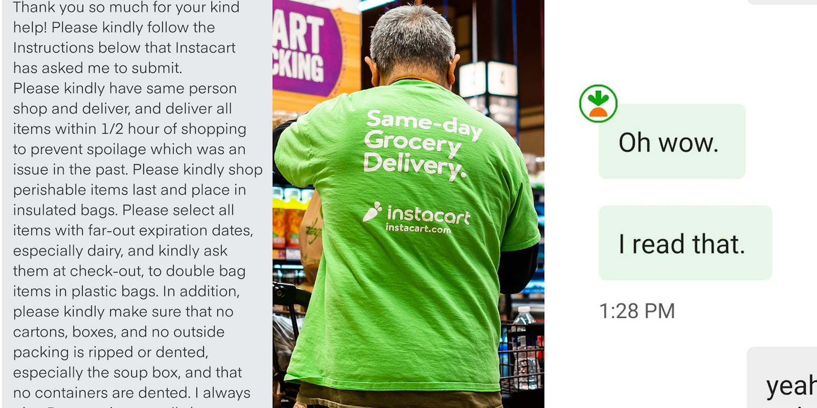 very long Instacart dm (l) Instacart worker (c) customer support message that reads 'oh wow. i read that'