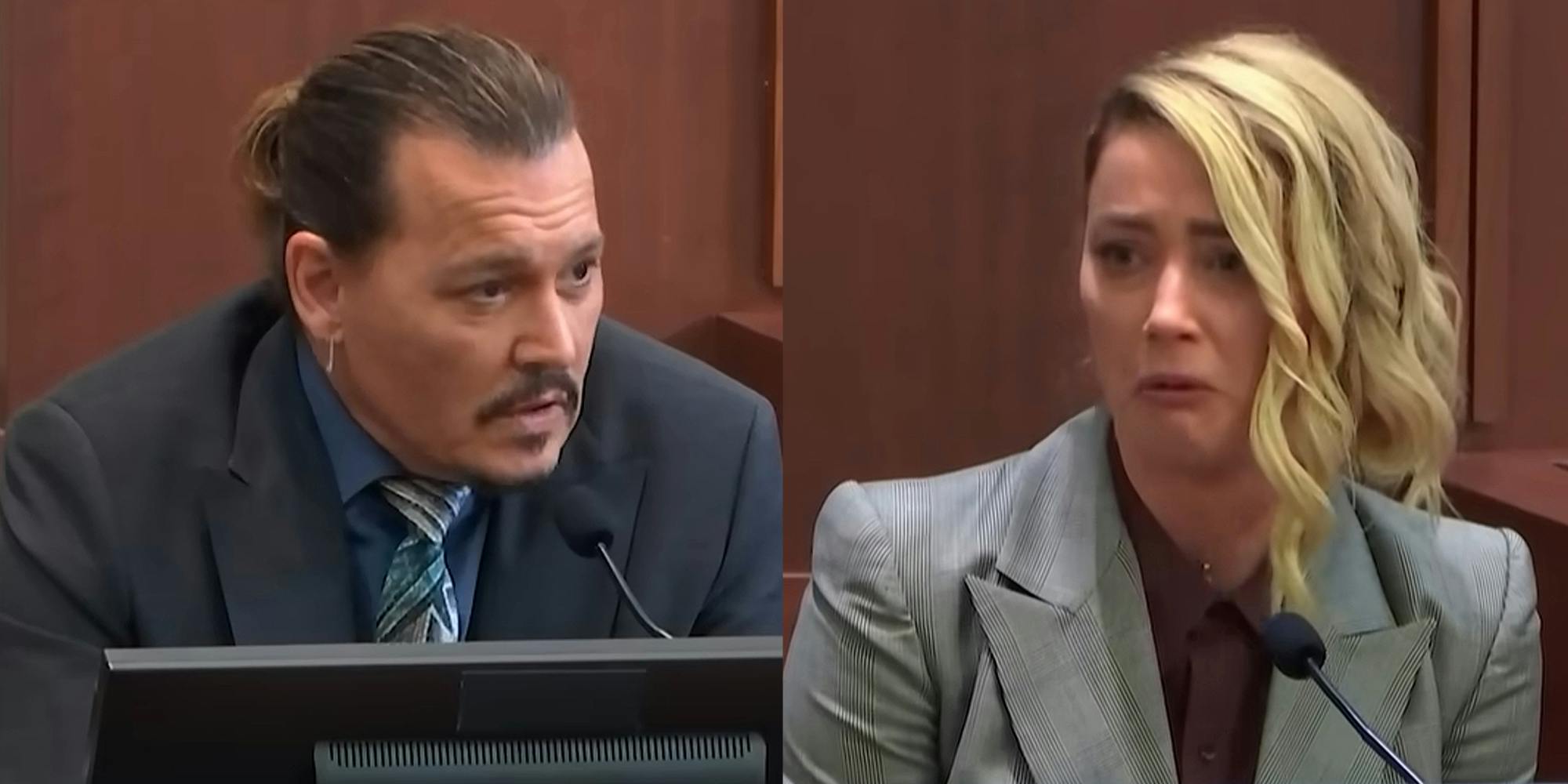 Johnny Depp speaking in court (l) Amber Heard speaking in court (r)
