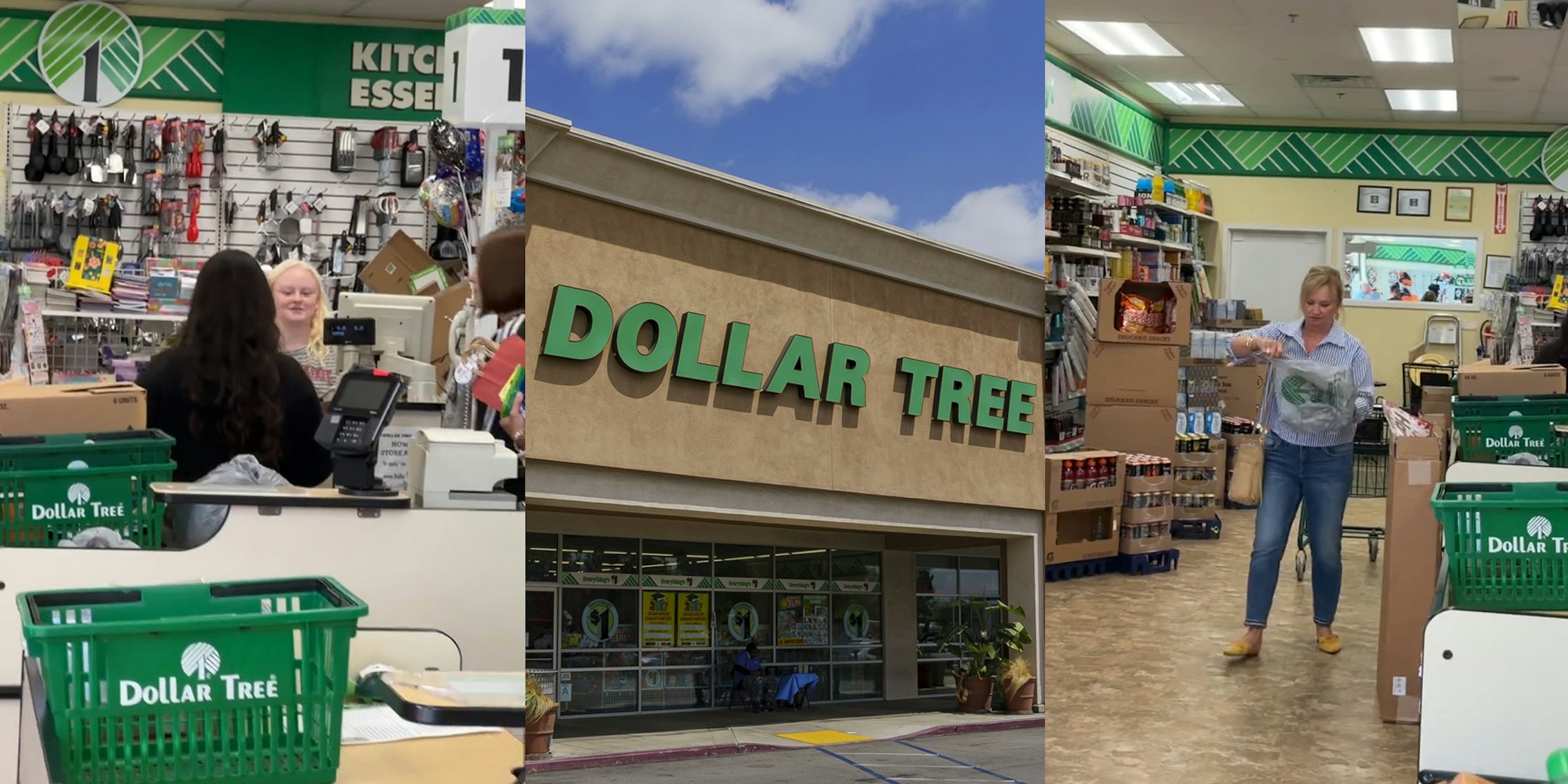 Dollar Tree customer checking out customers at register (l) Dollar Tree building with sign (c) Dollar Tree customer walking out of store with bag (r)