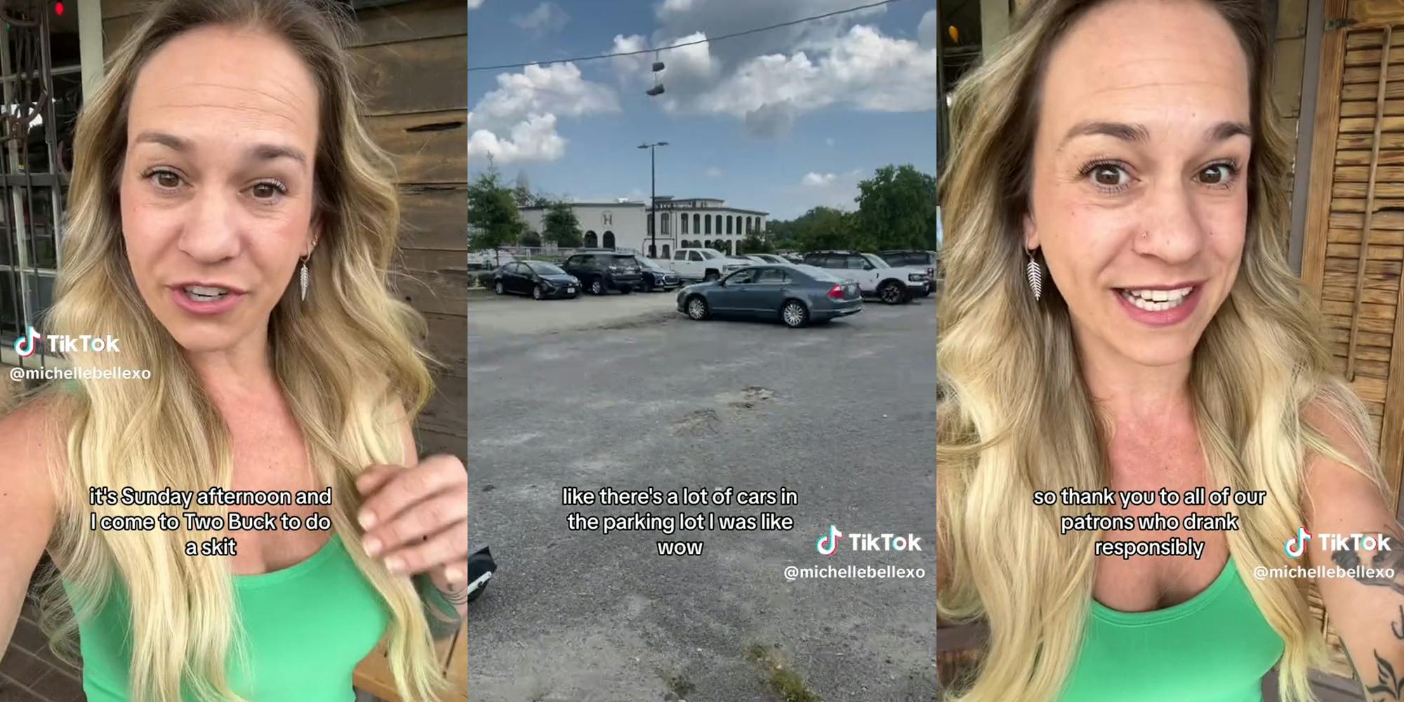 woman with caption "it's Sunday afternoon and I come to Two Buck to do a skit" (l) cars in parking lot with caption "like there's a lot of cars in the parking lot i was like wow" (c) woman with caption "so thank you to all of our patrons who drank responsibly" (r)