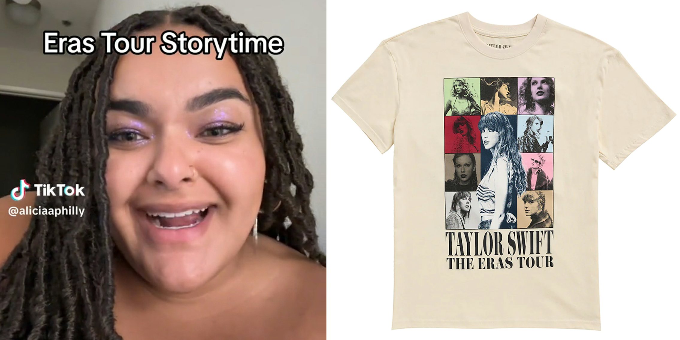 young woman with caption 'eras tour storytime' (l) taylor swift shirt (r)