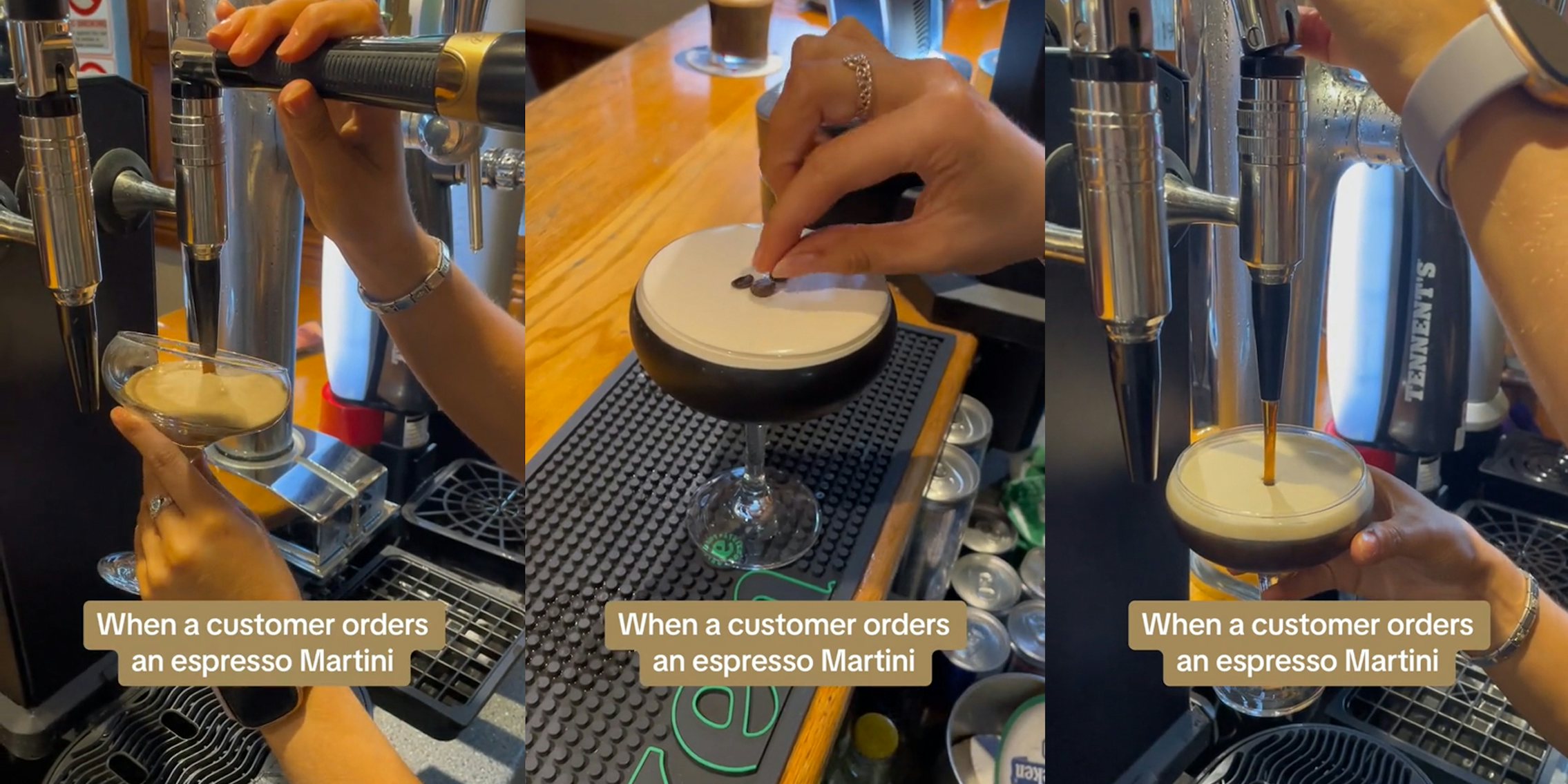 bar employee making an espresso martini with caption 'When a customer orders an espresso Martini' (l) bar employee adding coffee beans topping to an espresso martini with caption 'When a customer orders an espresso Martini' (c) bar employee making an espresso martini with caption 'When a customer orders an espresso Martini' (r)