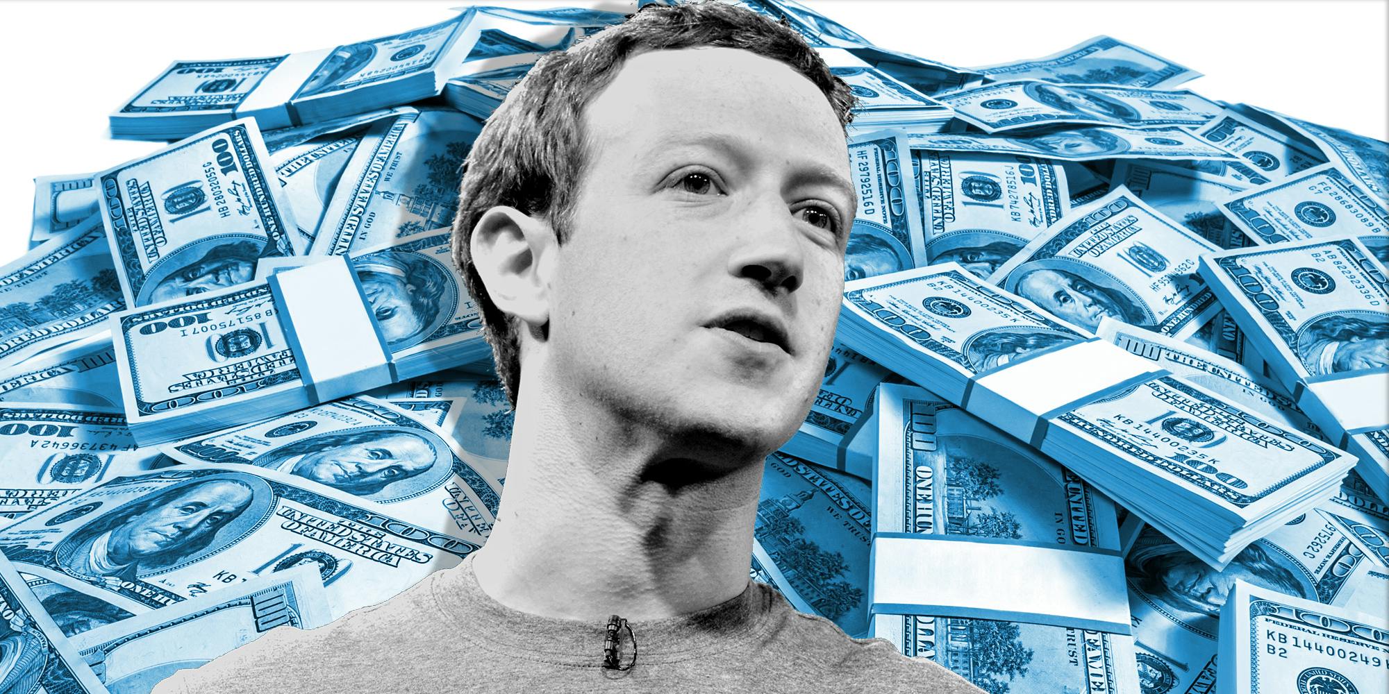 mark zuckerberg over piles of $100 billsas part of facebook lawsuit settlement claim