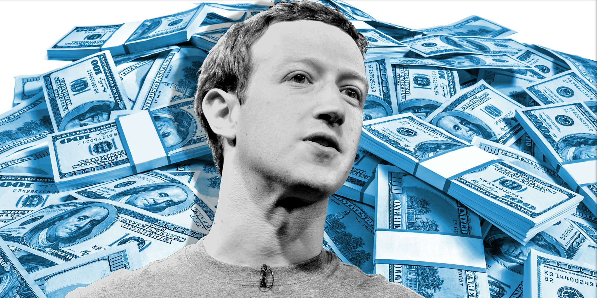 mark zuckerberg over piles of $100 billsas part of facebook lawsuit settlement claim