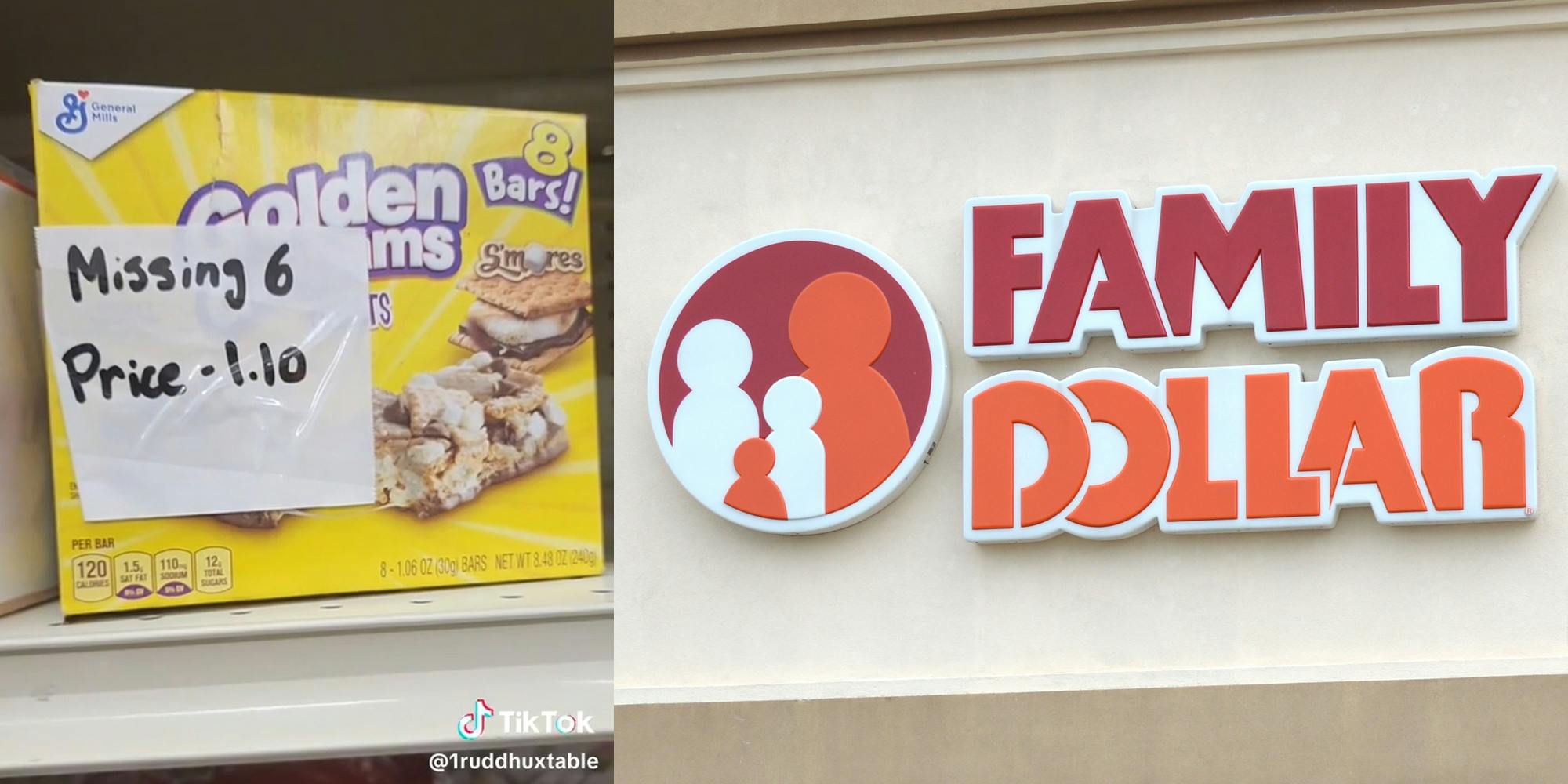 golden grahams bars with taped note that reads "missing 6 price - 1.10" (l) Family Dollar storefront (r)