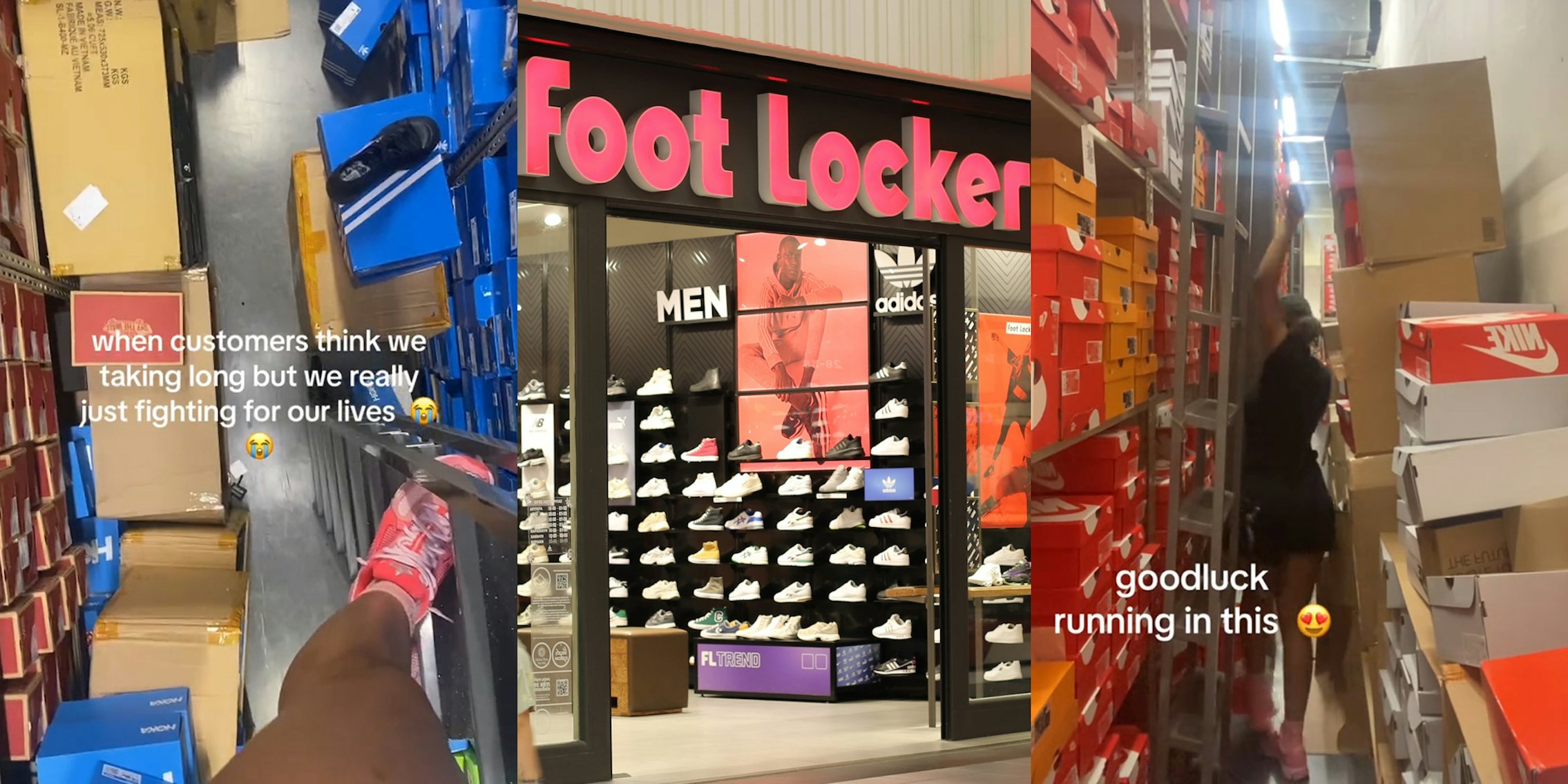 Foot Locker employee on ladder with caption 'when customers think we taking long but we really just fighting for our lives' (l) Foot Locker store entrance with sign (c) Foot Locker employee walking with caption 'goodluck running in this' (r)