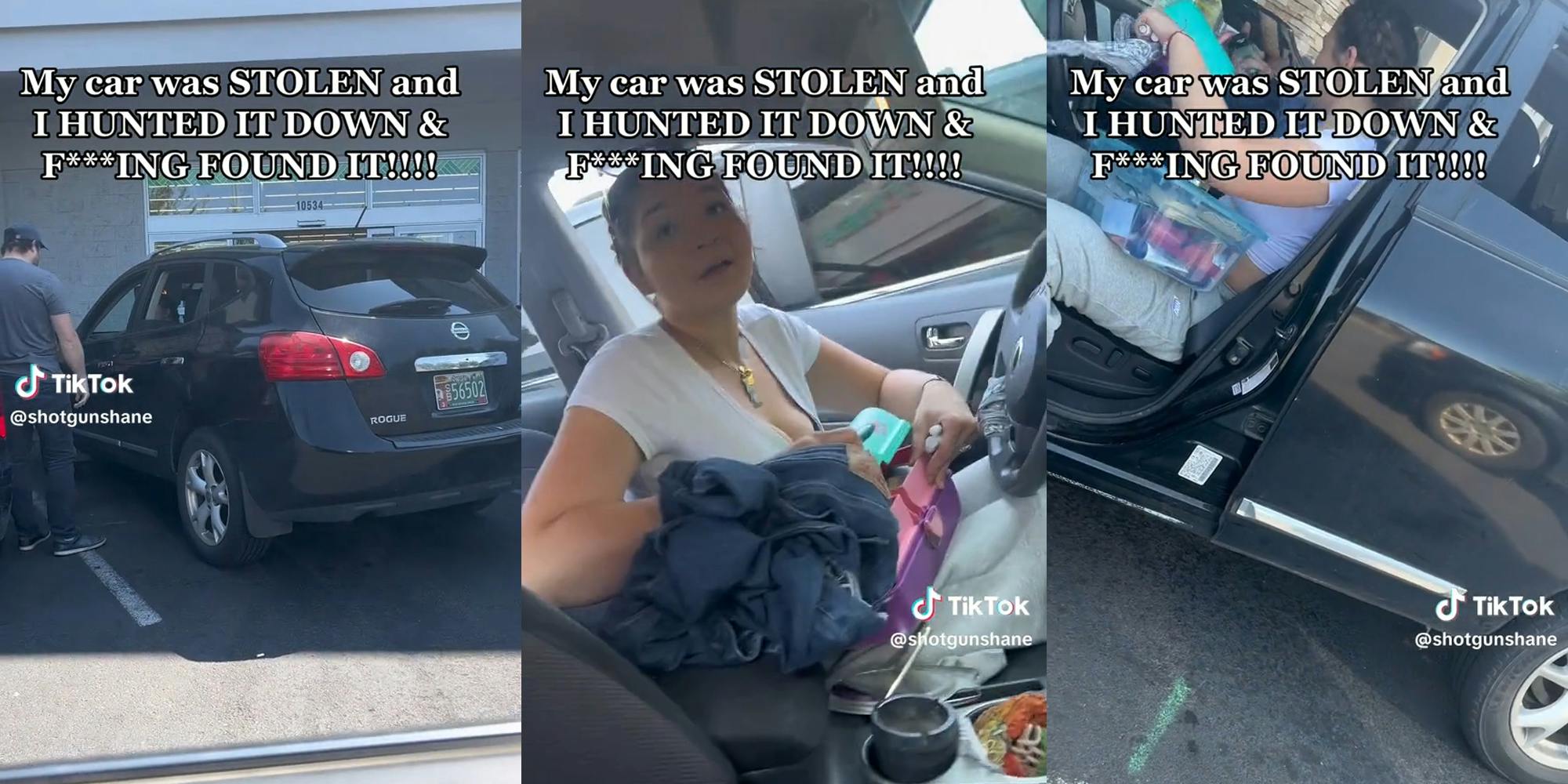 man approaching vehicle (l) woman in driver seat (c & r) all captioned "my car was STOLEN and I HUNTED IT DOWN & F***ING FOUND IT!!!!"