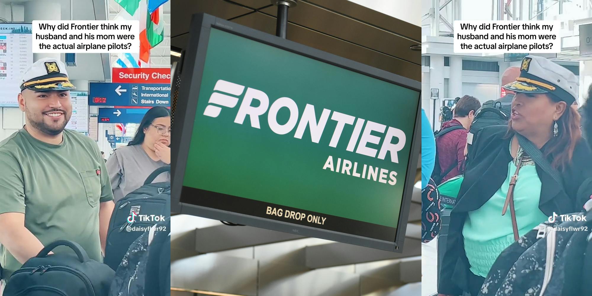 People in airport wearing pilots hats with caption "Why did Frontier think my husband and his mom were the actual airplane pilots?" (l&r) Frontier Airlines logo on monitor (c)