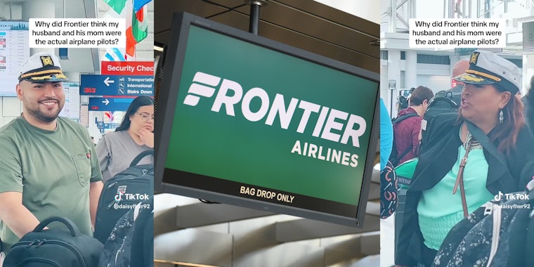 People in airport wearing pilots hats with caption 'Why did Frontier think my husband and his mom were the actual airplane pilots?' (l&r) Frontier Airlines logo on monitor (c)