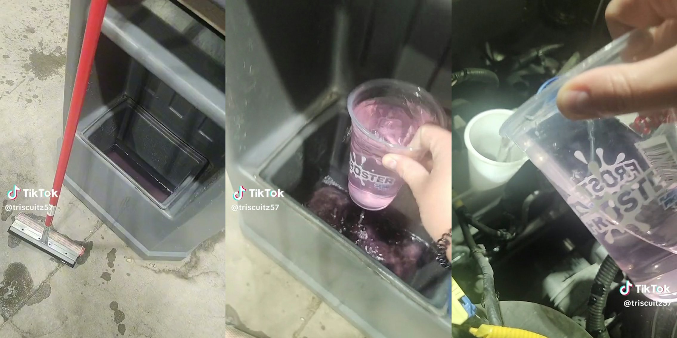 gas station squeegee (l) hand using plastic cup to scoop up washer fluid (c) hand pouring washer fluid into car reservoir (r)