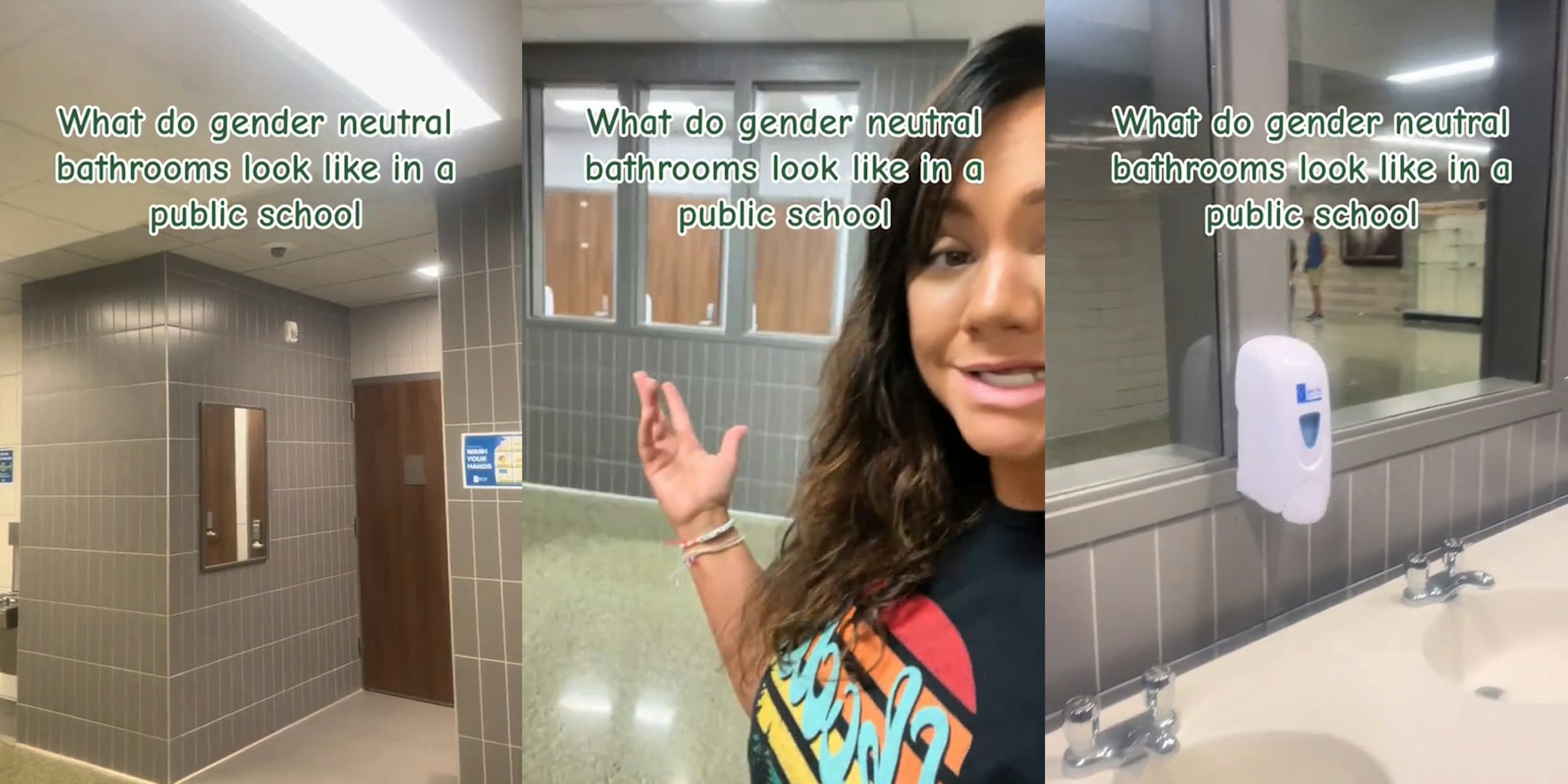 gender neutral bathroom with caption 'What do gender neutral bathrooms look like in a public school' (l) woman speaking next to gender neutral bathroom with caption 'What do gender neutral bathrooms look like in a public school' (c) interior of gender neutral bathroom with caption 'What do gender neutral bathrooms look like in a public school' (r)