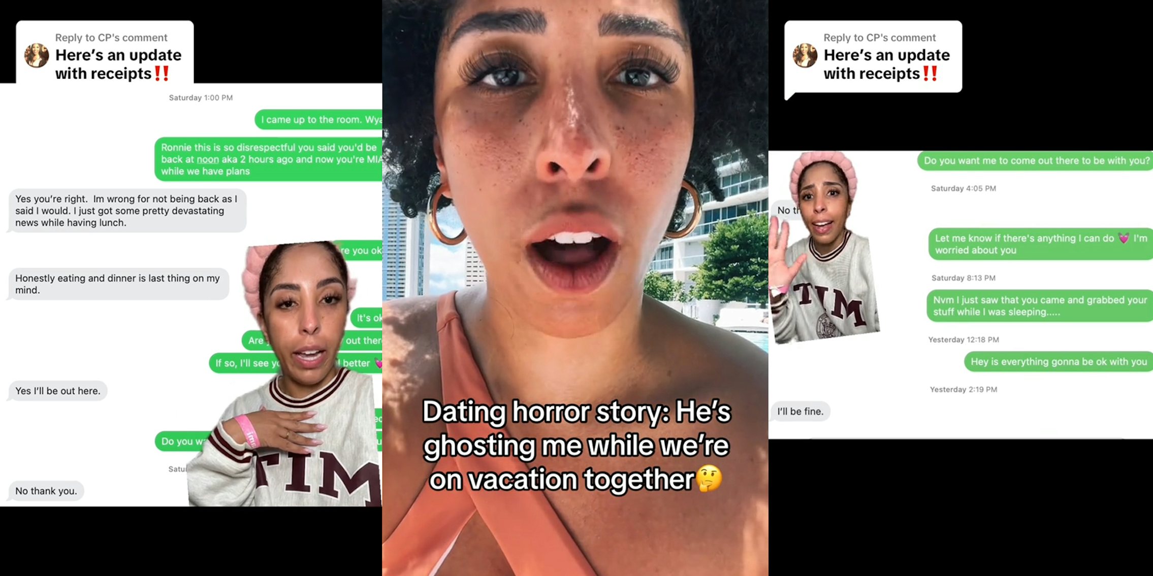 woman greenscreen TikTok over text messages with caption 'Here's an update with receipts'