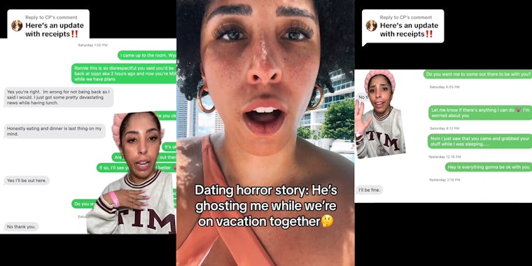 woman greenscreen TikTok over text messages with caption 'Here's an update with receipts'