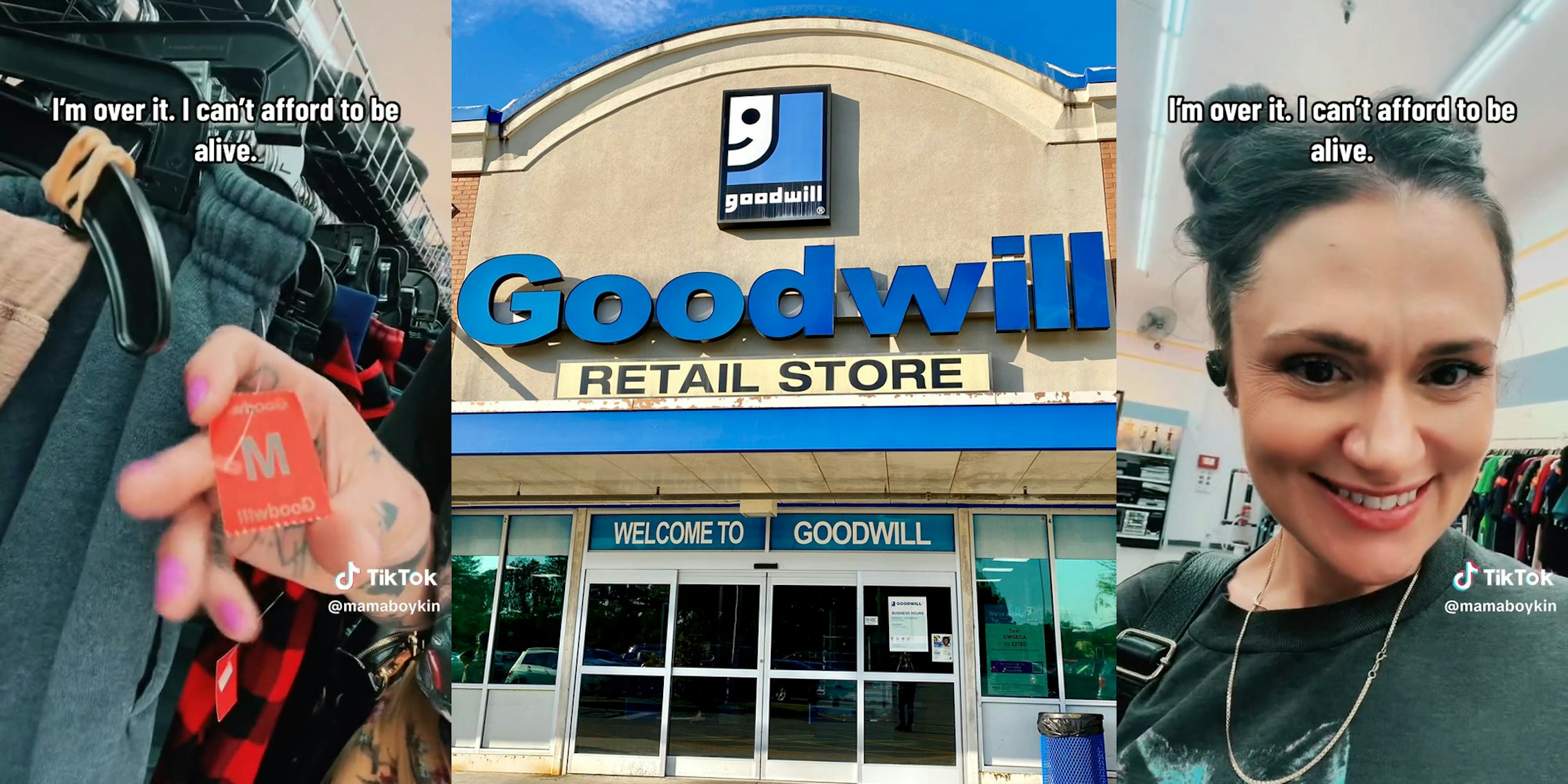 woman in Goodwill showing price tag on sweatpants