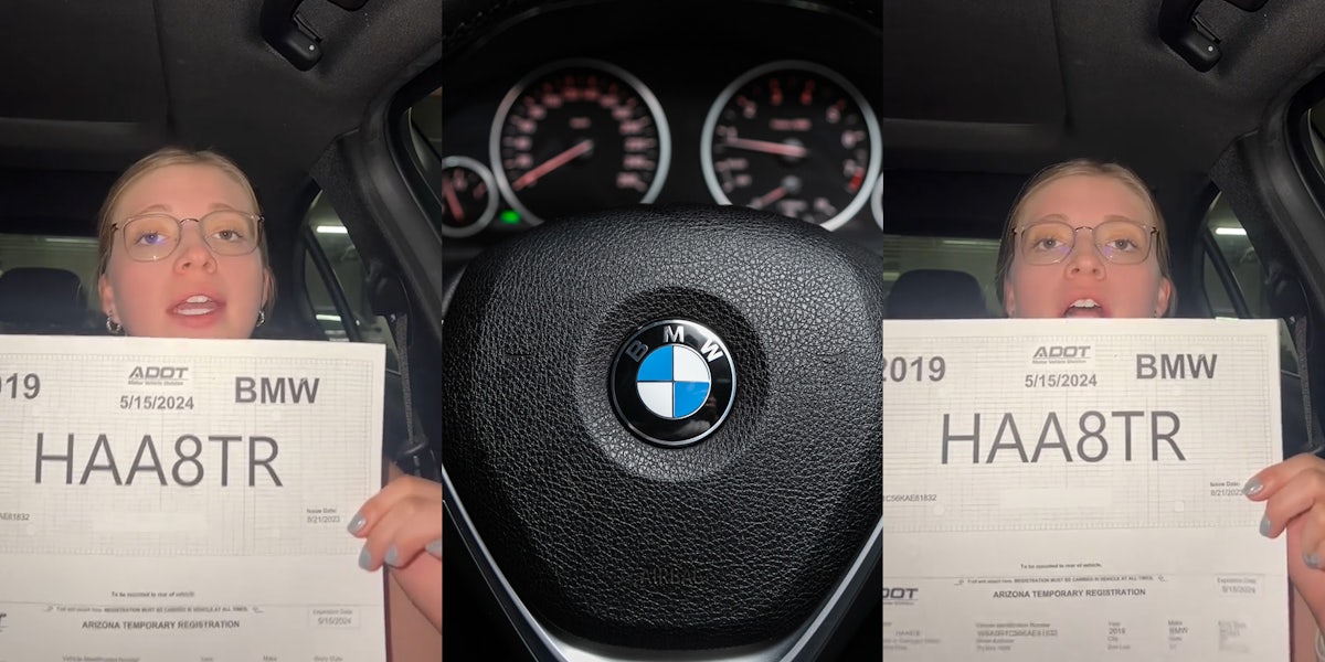 woman in car holding up license plate numbers HAA8TR on paper while speaking (l) BMW steering wheel with logo (c) woman in car holding up license plate numbers HAA8TR on paper while speaking (r)