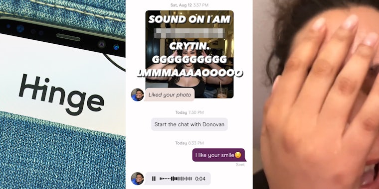 Hinge dating app open on phone screen in jean pocket (l) Hinge chat with voice memo playing with caption 'SOUND ON I AM blank CRYINGGGGGGG LMMMAAAAOOOOOO' (c) person with hand on face laughing (r)