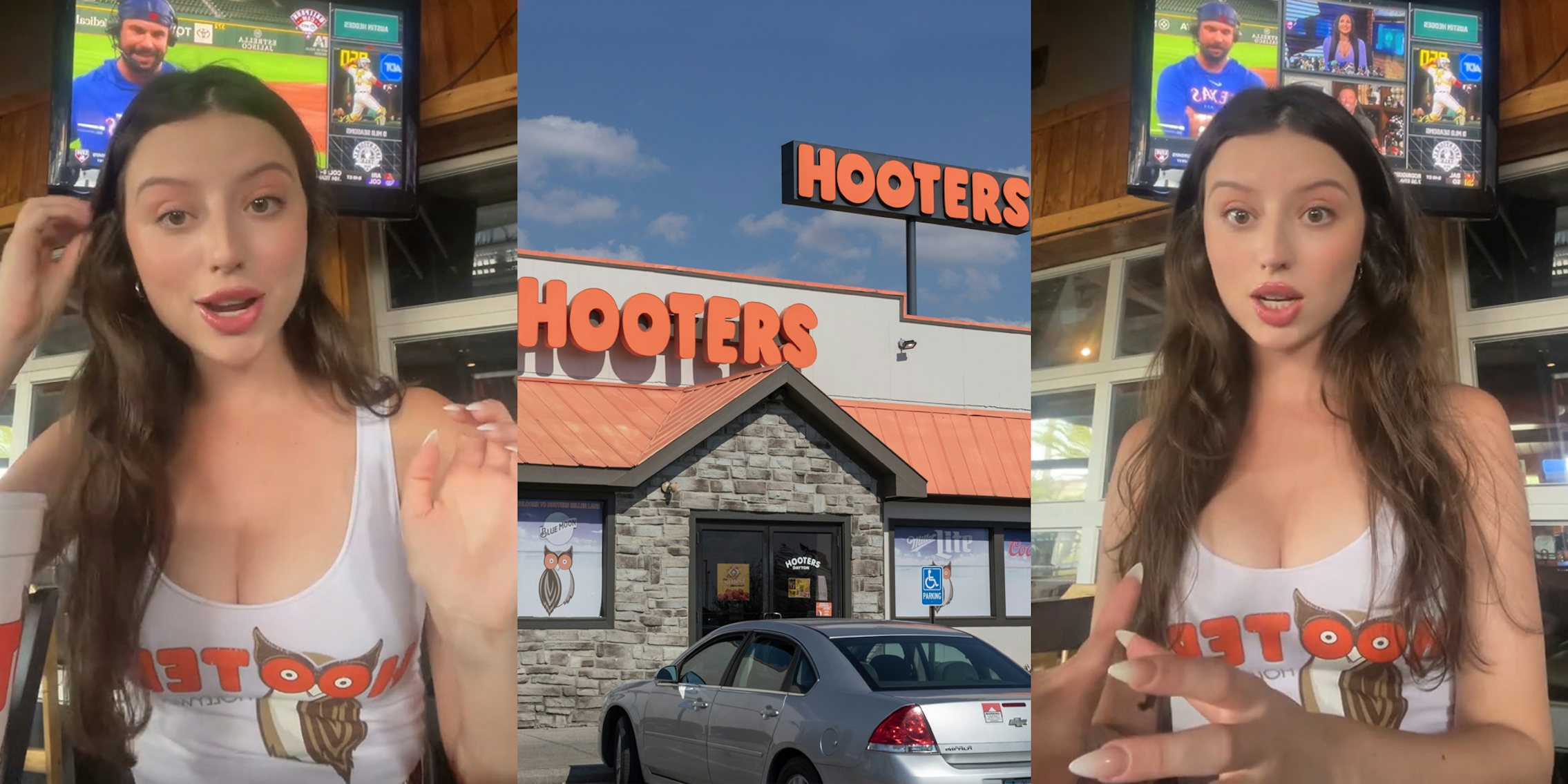 Hooter's worker speaking (l) Hooter's building with signs (c) Hooter's worker speaking (r)