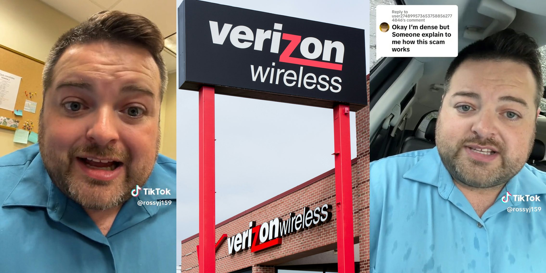 man explaining hotel delivery scam (l&r) Verizon wireless sign (c)